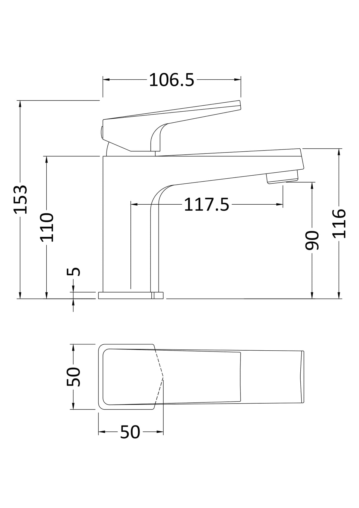 nuie Hardy Chrome Mono Basin Mixer With Push Button Waste - Technical drawing