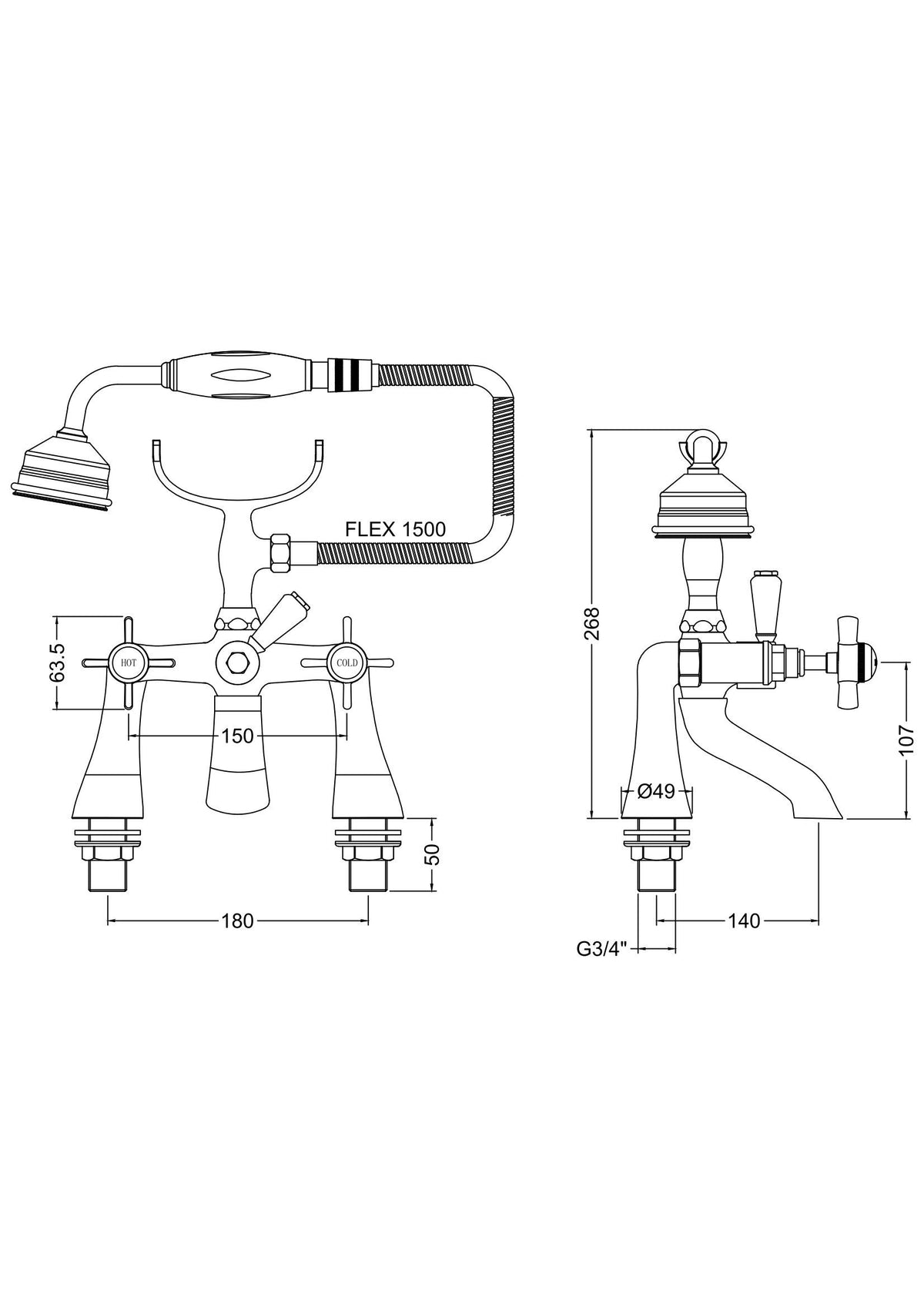 nuie Beaumont Chrome 1/2" Bath Shower Mixer - Technical drawing