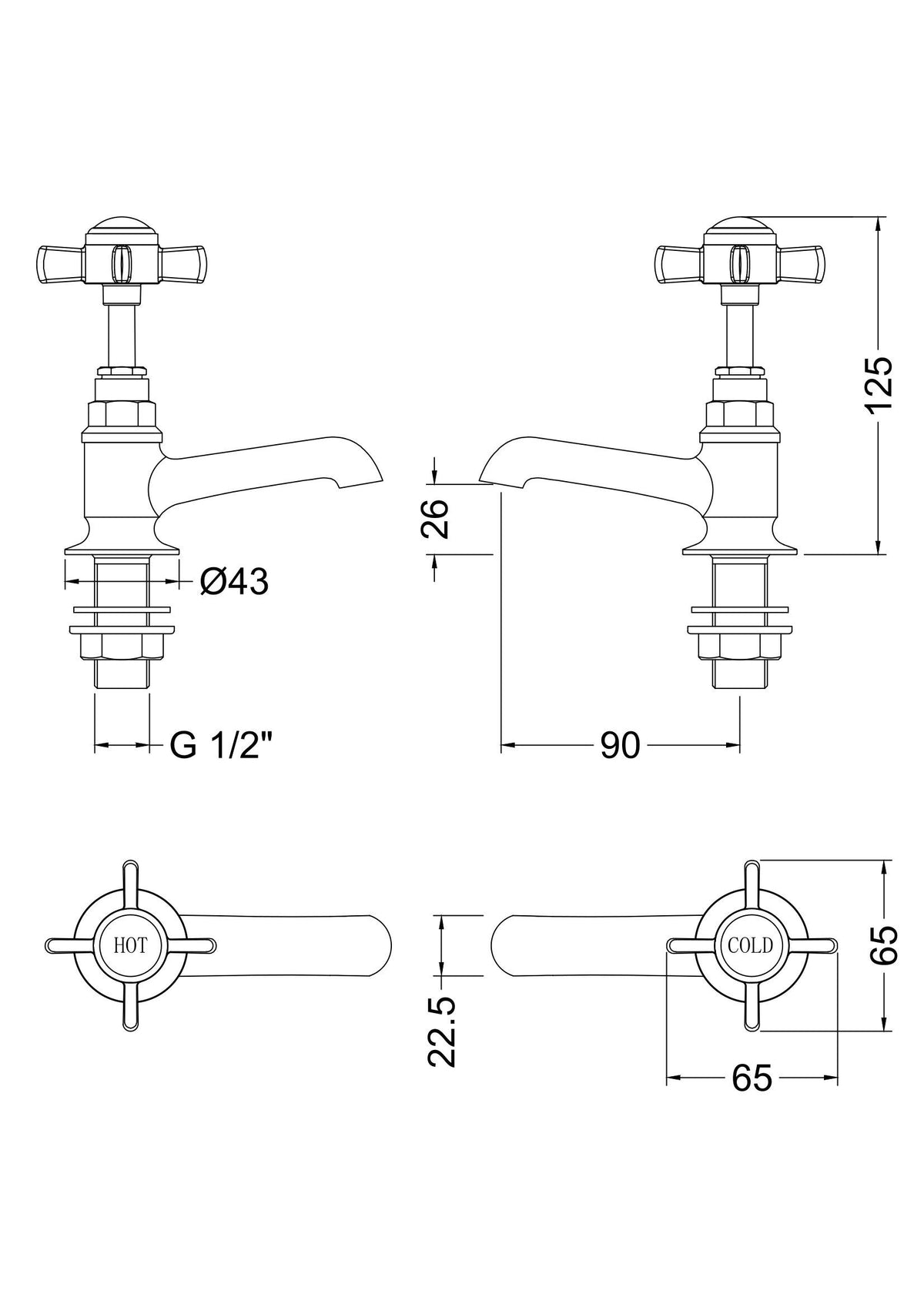 nuie Beaumont Chrome Basin Taps - Technical drawing
