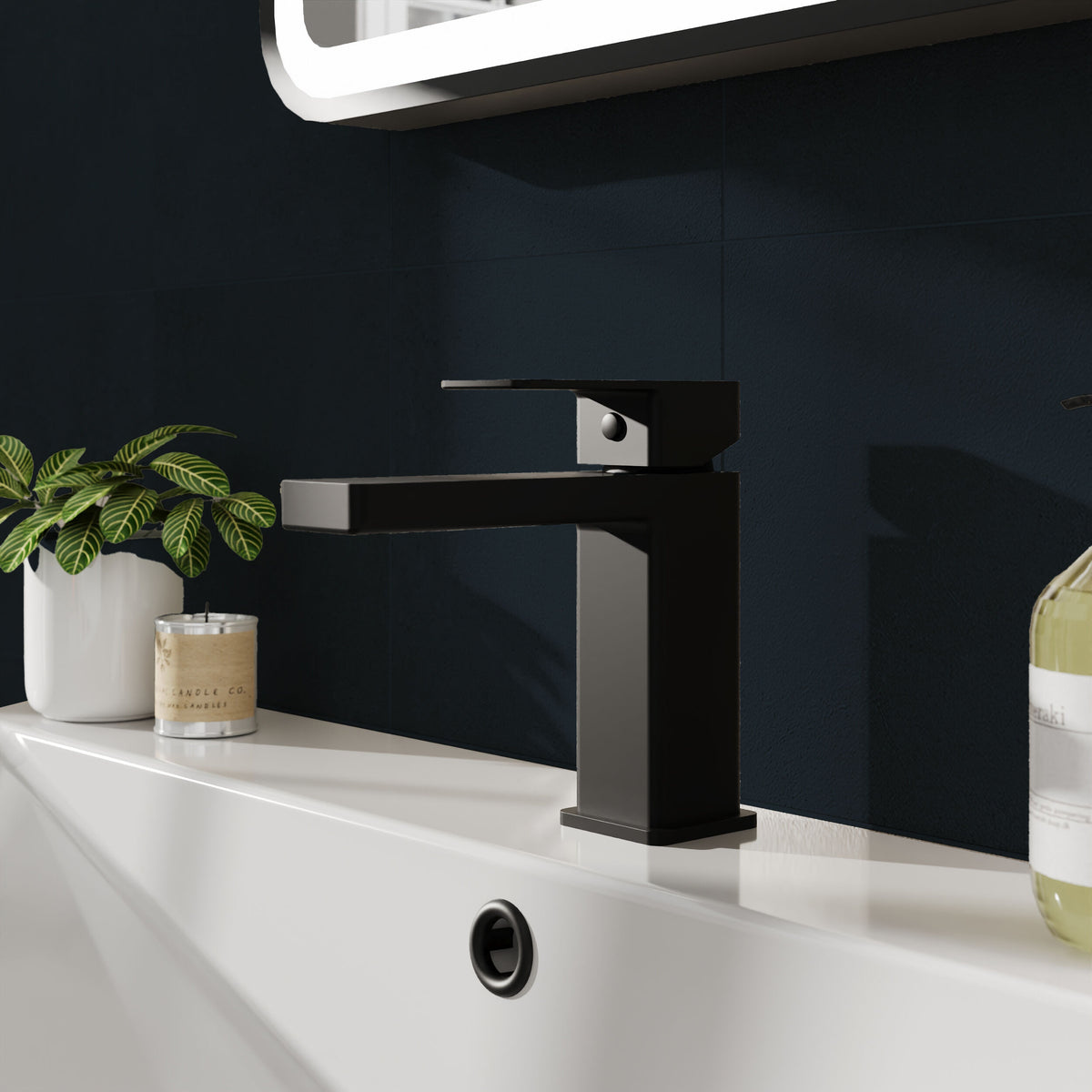 nuie choice Kalk Matt Black Mono Basin Mixer Push Button Waste - Lifestyle image