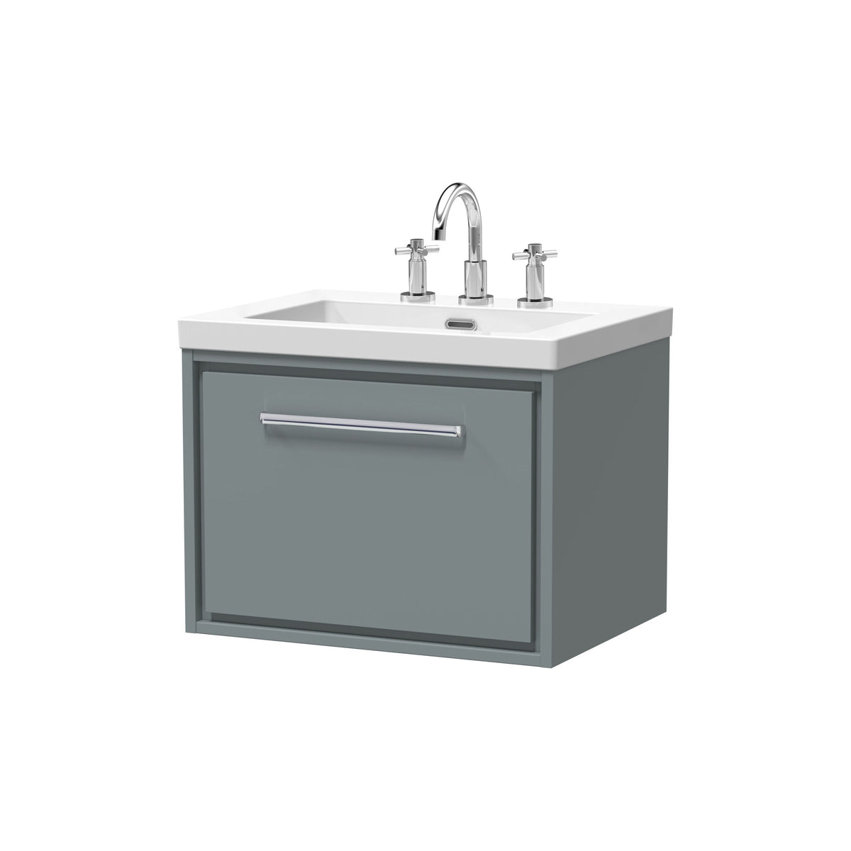 Hudson Reed Lille 600mm Woodgrain 1 Drawer Wall Hung Vanity Unit With 3 Tap Holes Fireclay Basin