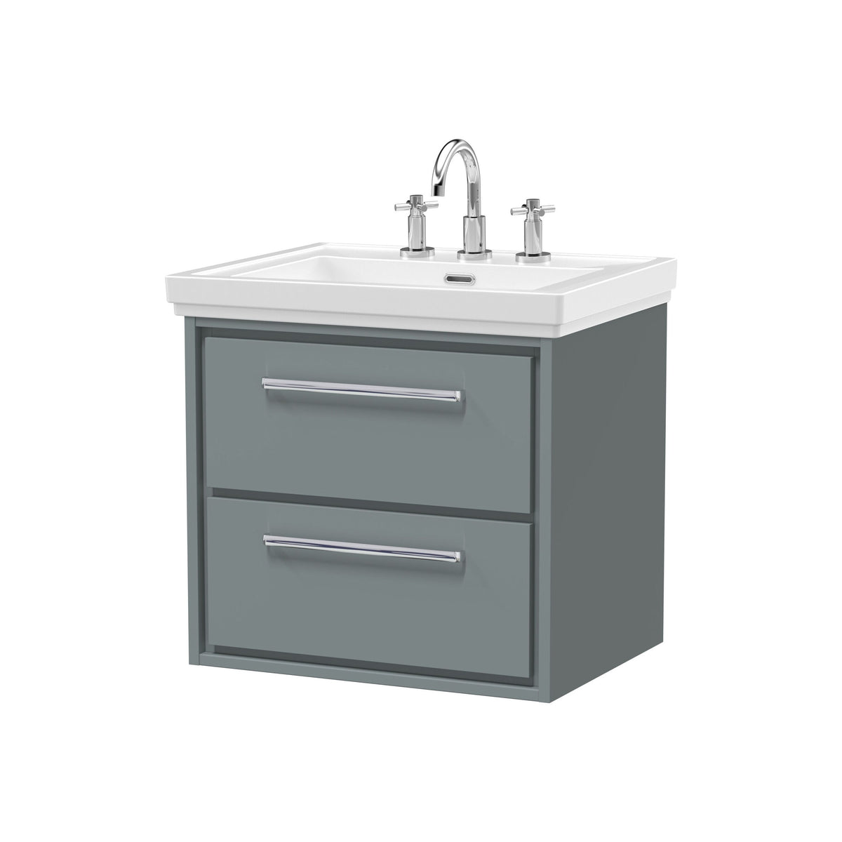 Hudson Reed Lille 600mm Woodgrain 2 Drawer Wall Hung Vanity Unit With 3 Tap Holes Fireclay Basin