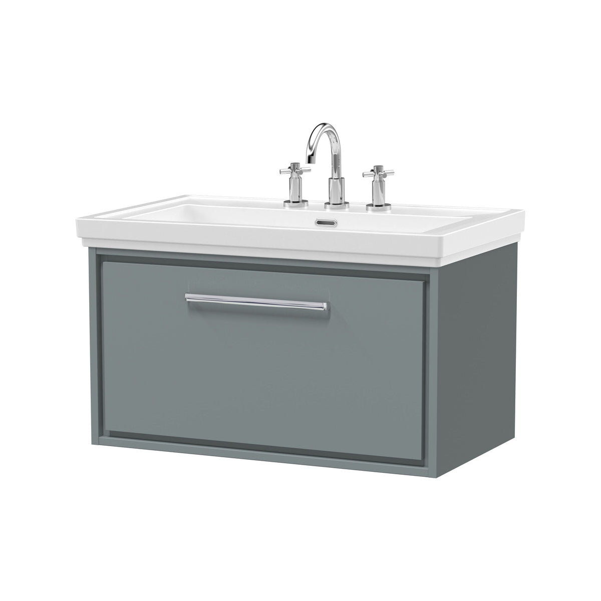 Hudson Reed Lille 800mm Woodgrain 1 Drawer Wall Hung Vanity Unit With 3 Tap Holes Fireclay Basin
