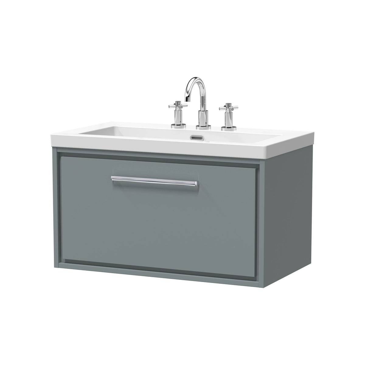 Hudson Reed Lille 800mm Woodgrain 1 Drawer Wall Hung Vanity Unit With 3 Tap Holes Fireclay Basin