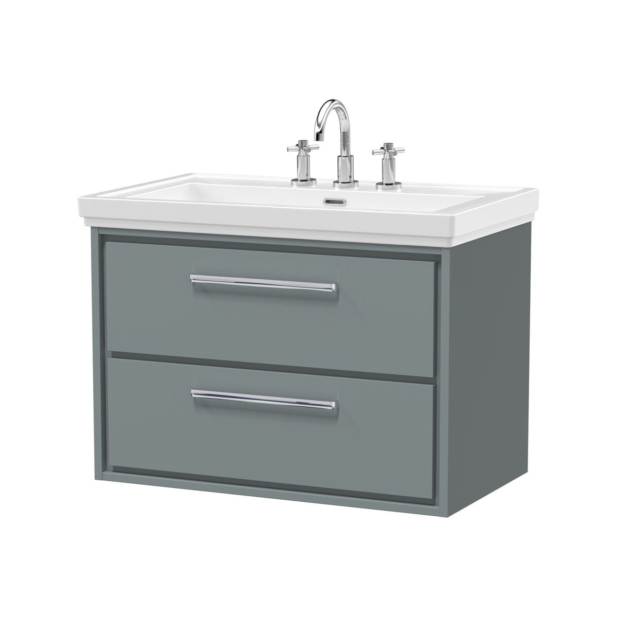 Hudson Reed Lille 800mm Woodgrain 2 Drawer Wall Hung Vanity Unit With 3 Tap Holes Fireclay Basin