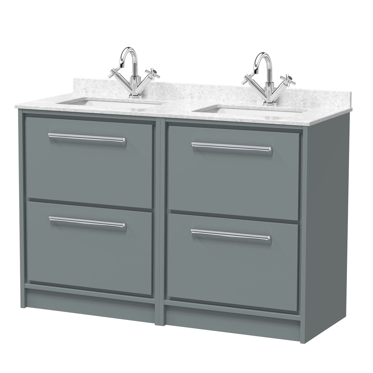 Hudson Reed Lille 1200mm Woodgrain 4 Drawer Floor Standing Vanity With Twin Marble Basin