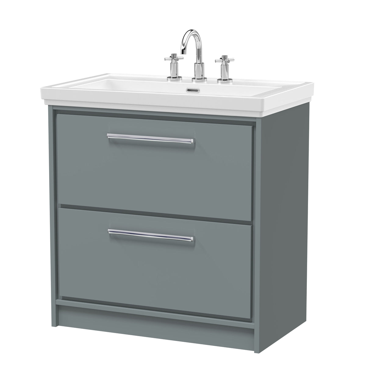 Hudson Reed Lille 800mm Woodgrain 2 Drawer Floor Standing Vanity Unit With 3 Tap Holes Fireclay Basin