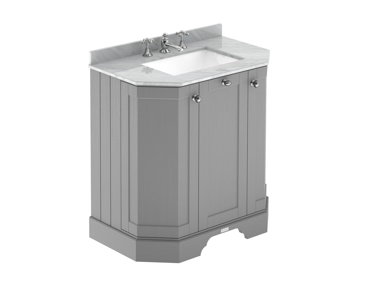 Old London 750mm 3 Door Floor Standing Angled Vanity Unit With 3 Tap Holes Marble Basin