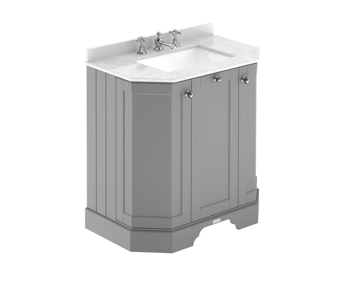 Old London 750mm 3 Door Floor Standing Angled Vanity Unit With 3 Tap Holes Marble Basin
