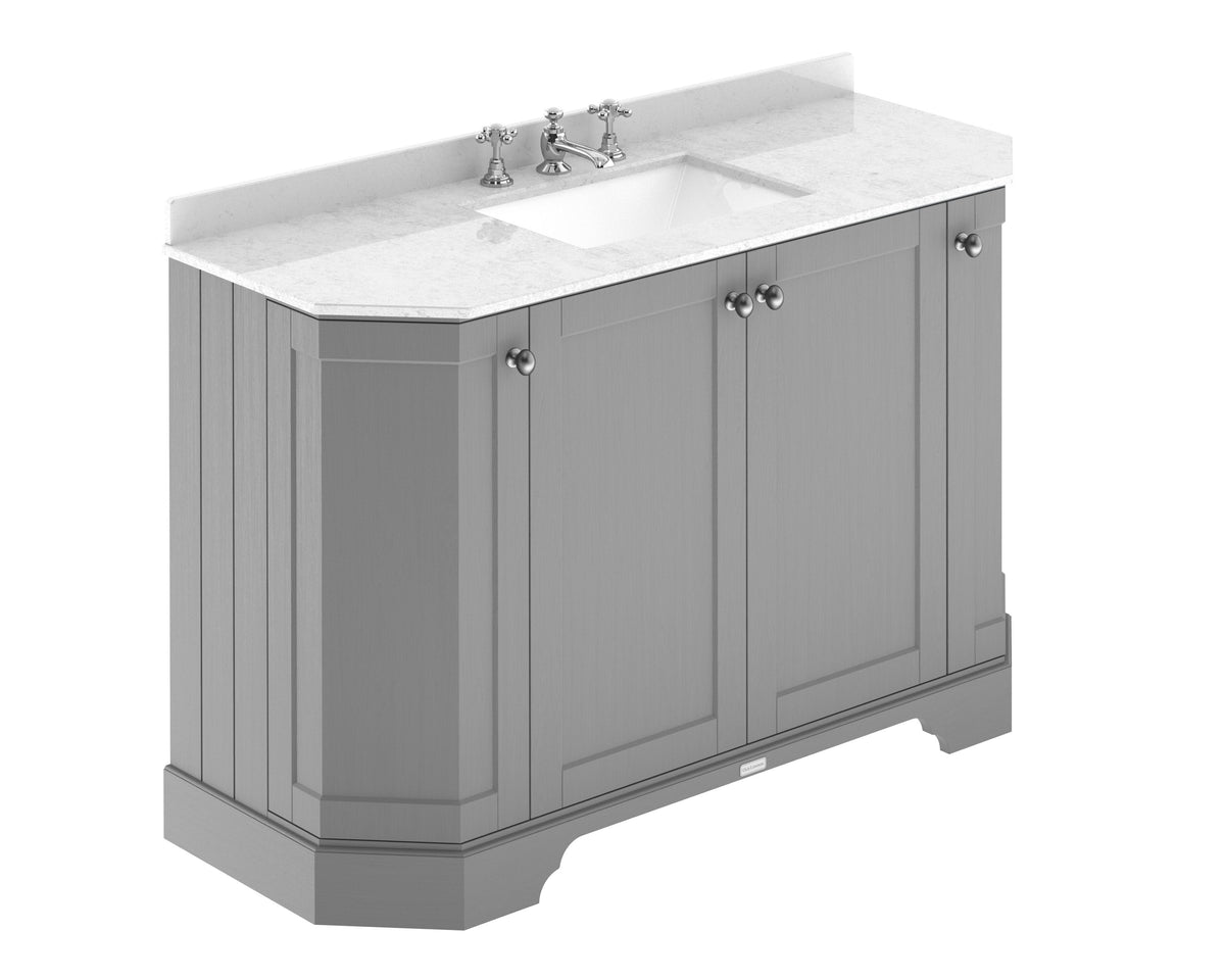 Old London 1200mm 4 Door Floor Standing Angled Vanity Unit With 3 Tap Holes White Marble Basin