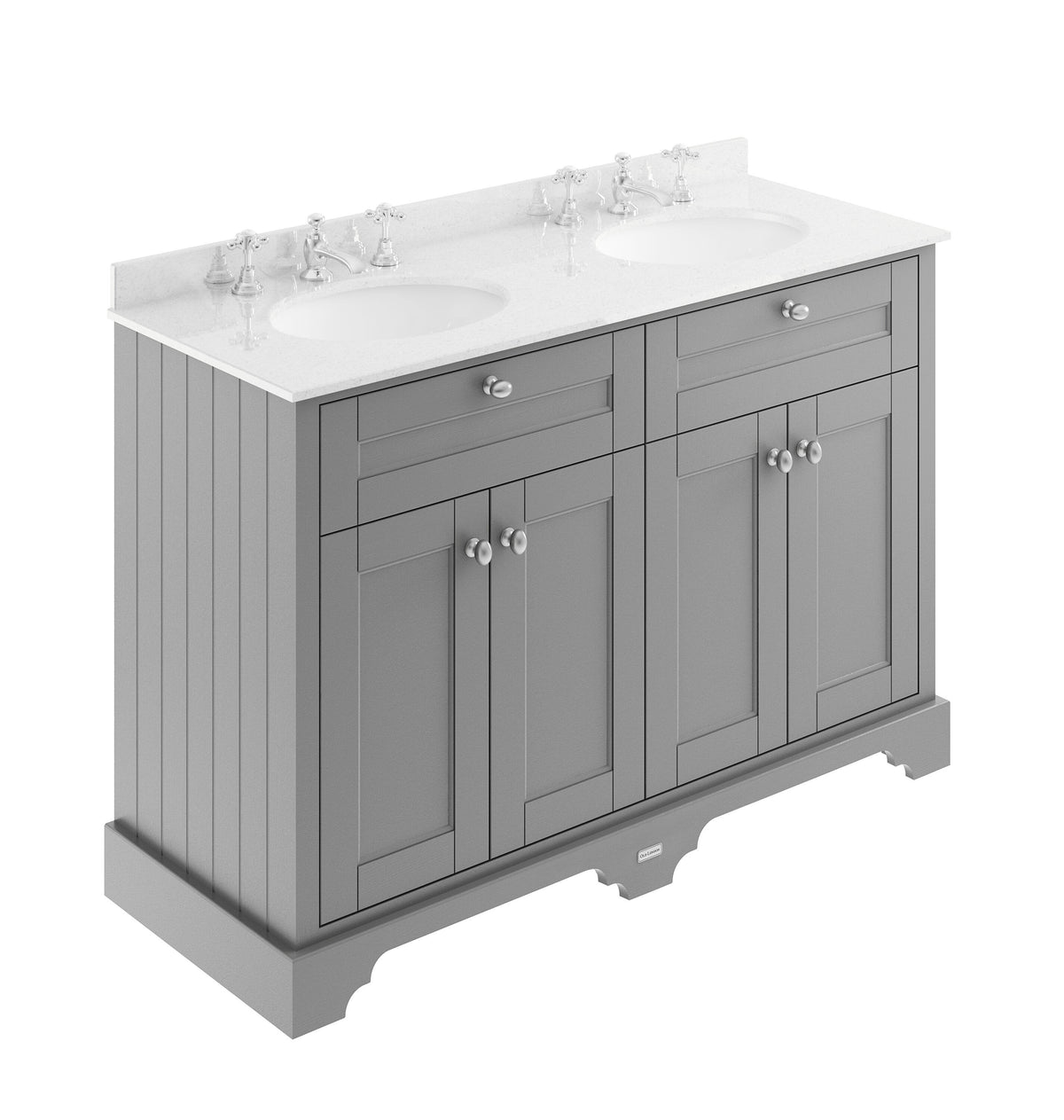 Old London 1200mm 4 Door Floor Standing Cabinet With 6 Tap Holes Twin White Marble Basin