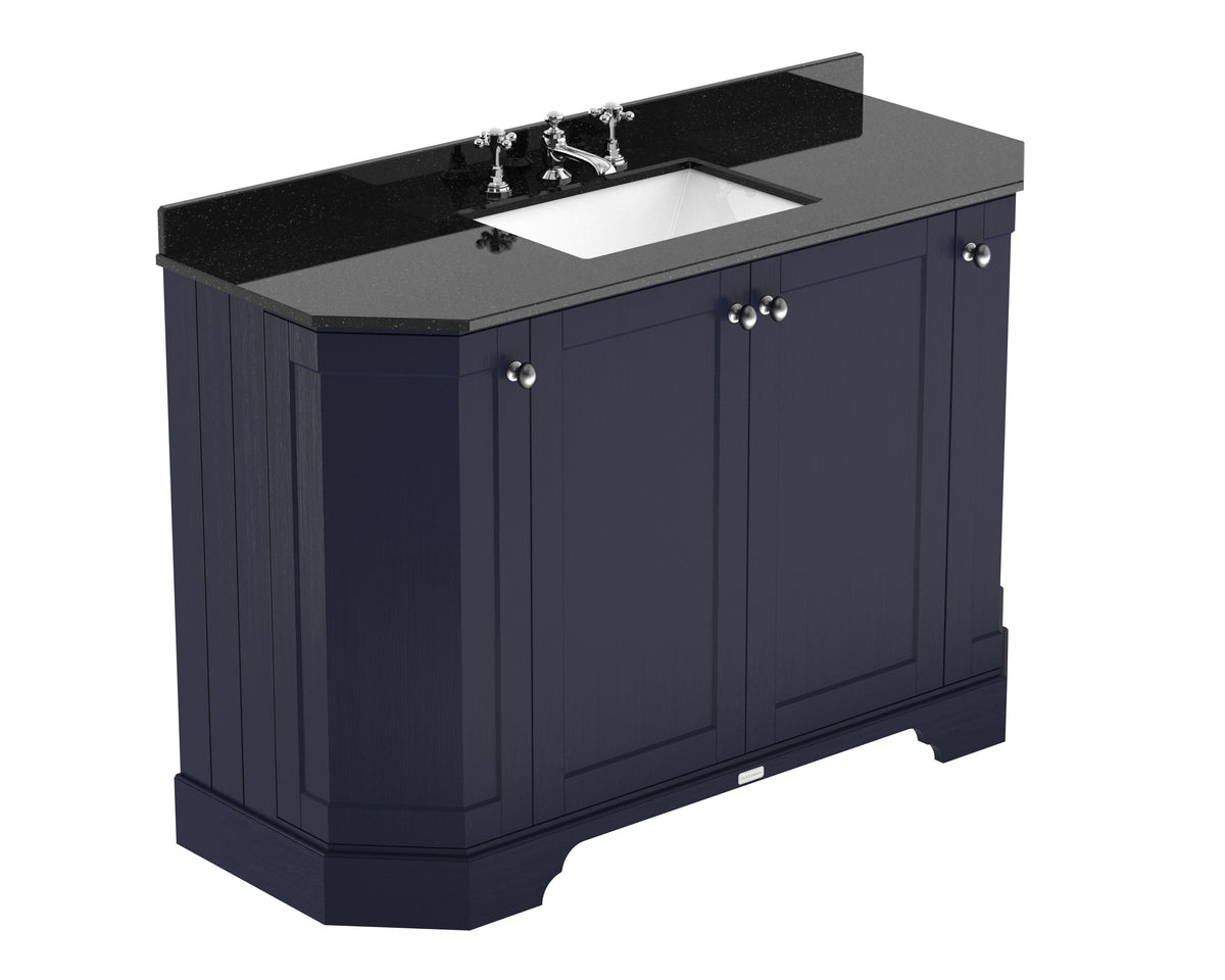 Old London 1200mm 4 Door Floor Standing Angled Vanity Unit With 3 Tap Holes Black Marble Basin