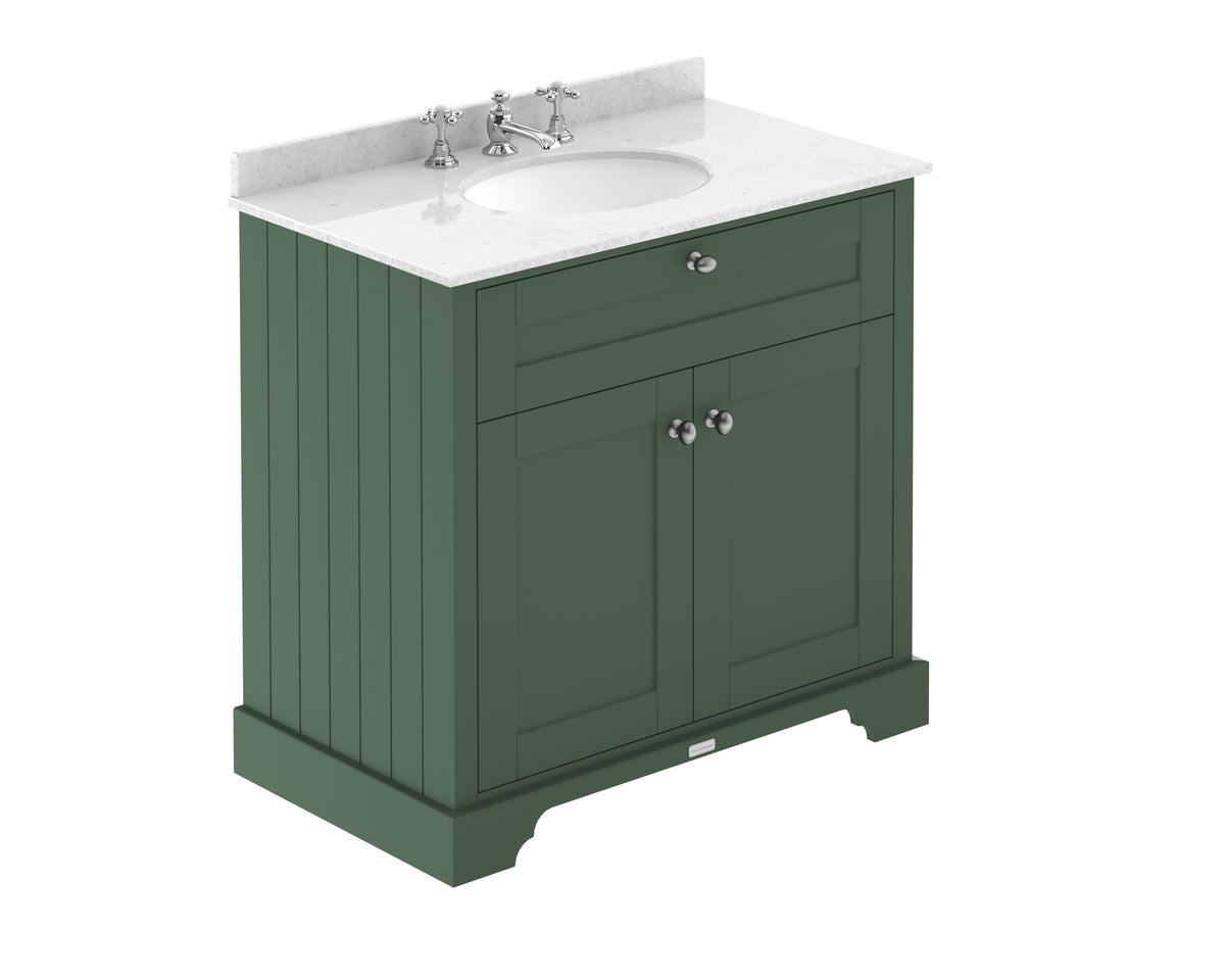 Old London 800mm 2 Door Floor Standing Cabinet With 3 Tap Holes Marble Basin