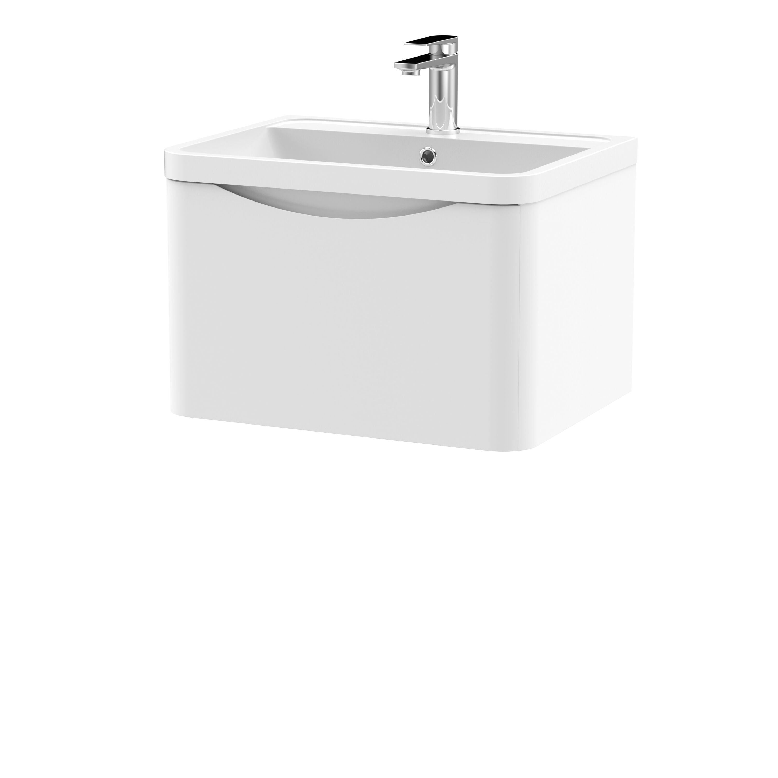 nuie Lunar 600mm Satin White 1 Drawer Wall Hung Vanity Unit With Polymarble Basin
