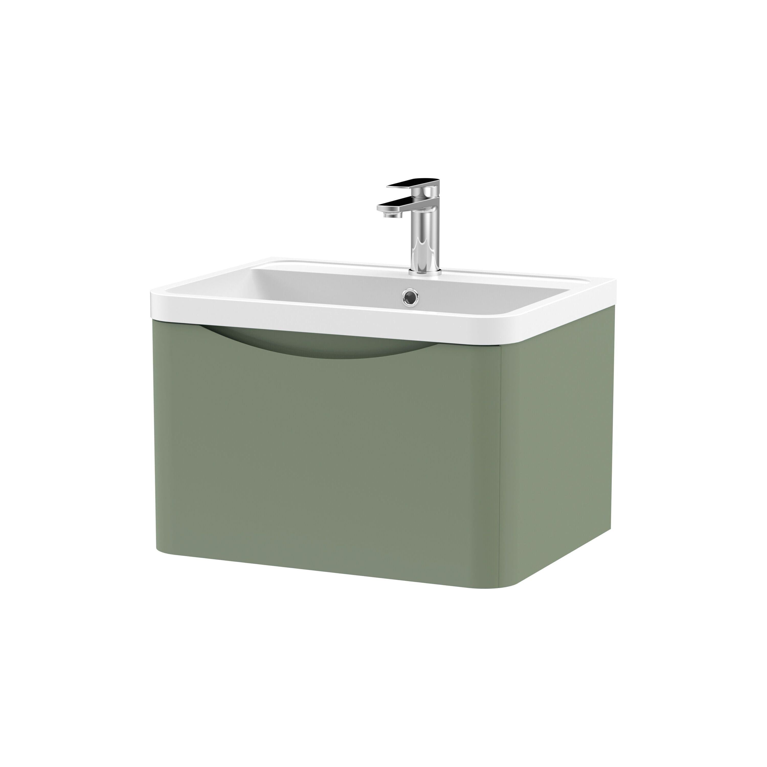 nuie Lunar 600mm Satin Green 1 Drawer Wall Hung Vanity Unit With Polymarble Basin