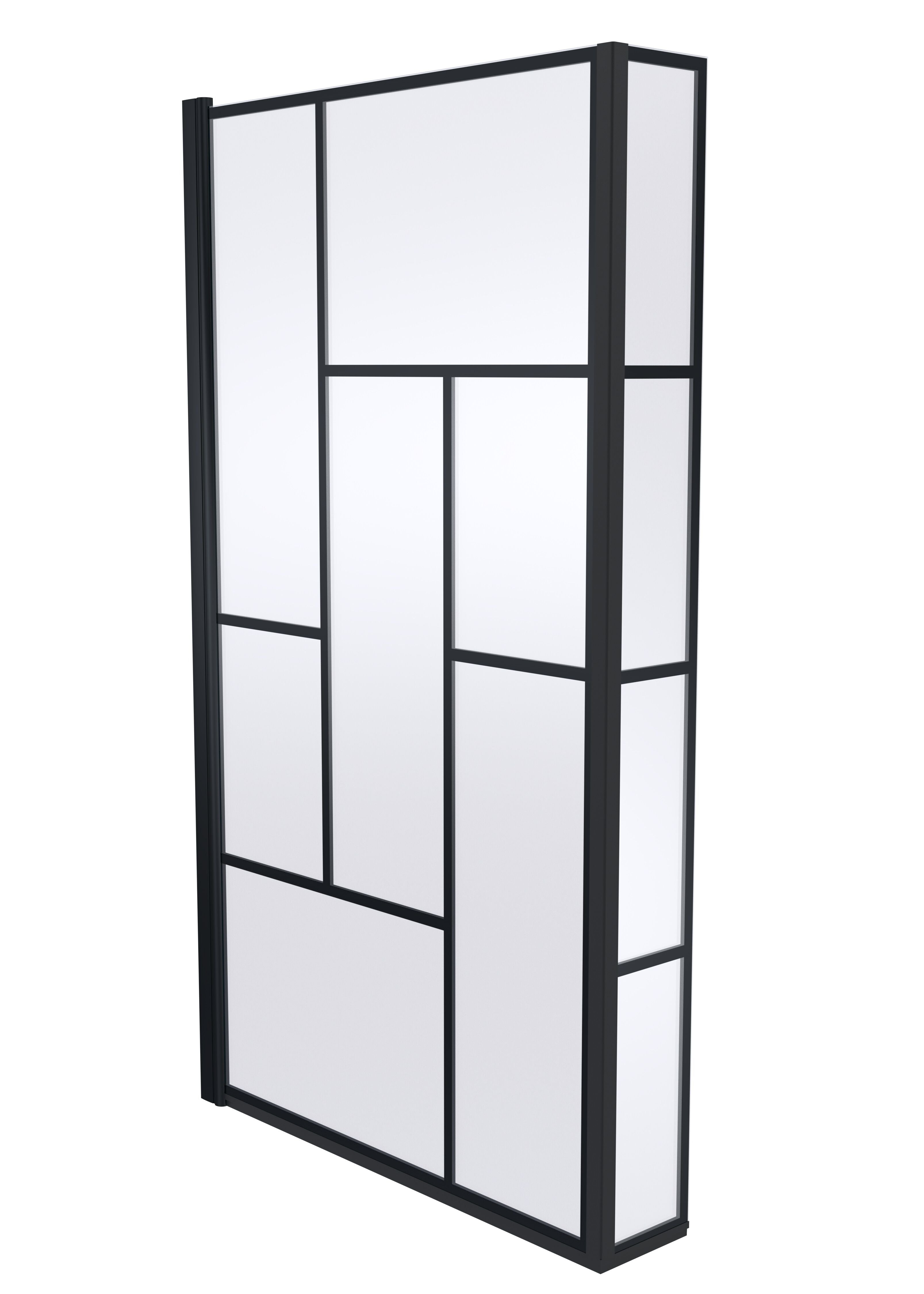 nuie 800mm Matt Black L Shape Abstract Matrix Hinged Bath Screen With Fixed Return