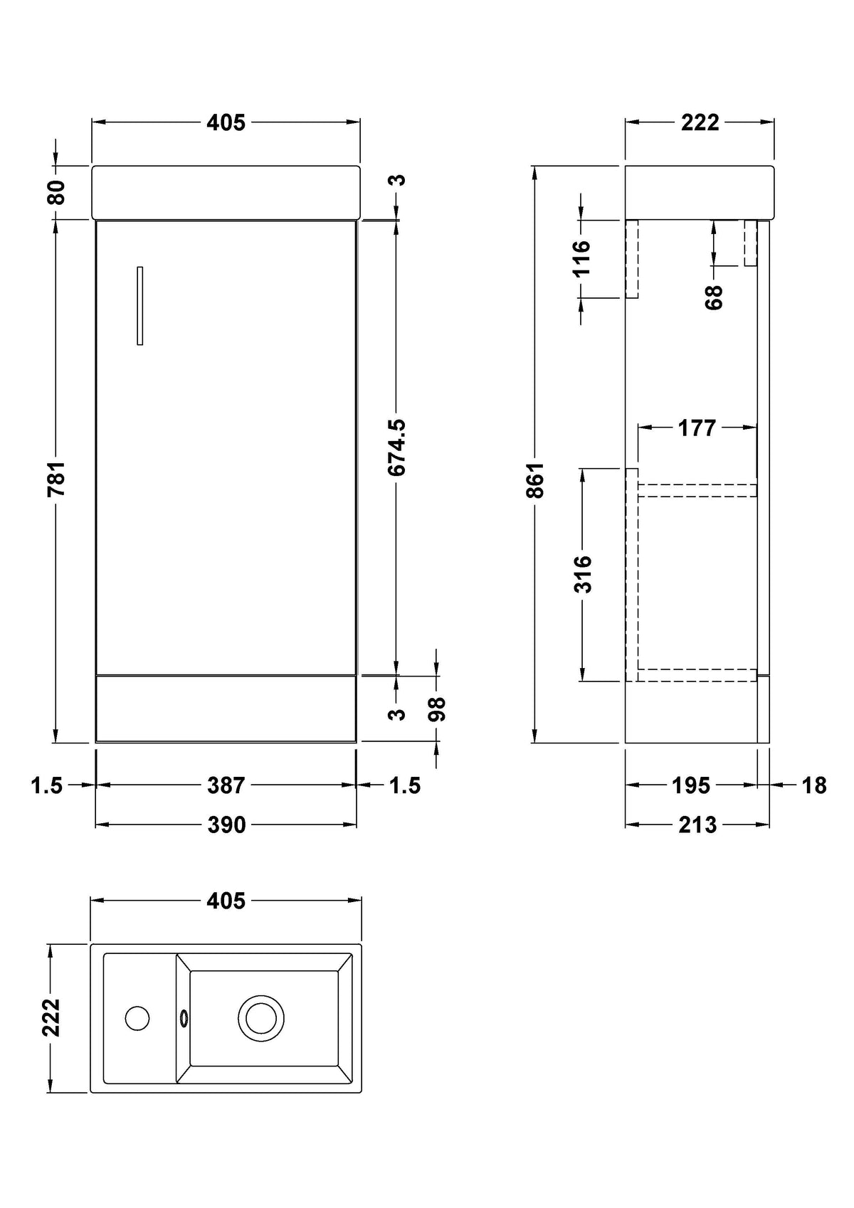 Nuie Vault 400mm Floor Standing 1 Door Compact Vanity Unit With Ceramic Basin
