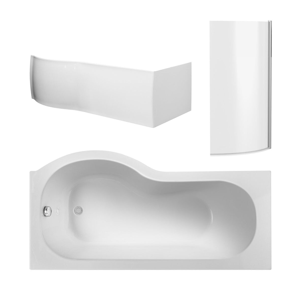 Nuie 1500mm Right Hand P-Shaped Shower Bath With Curved Screen, Side Panel And Leg Set