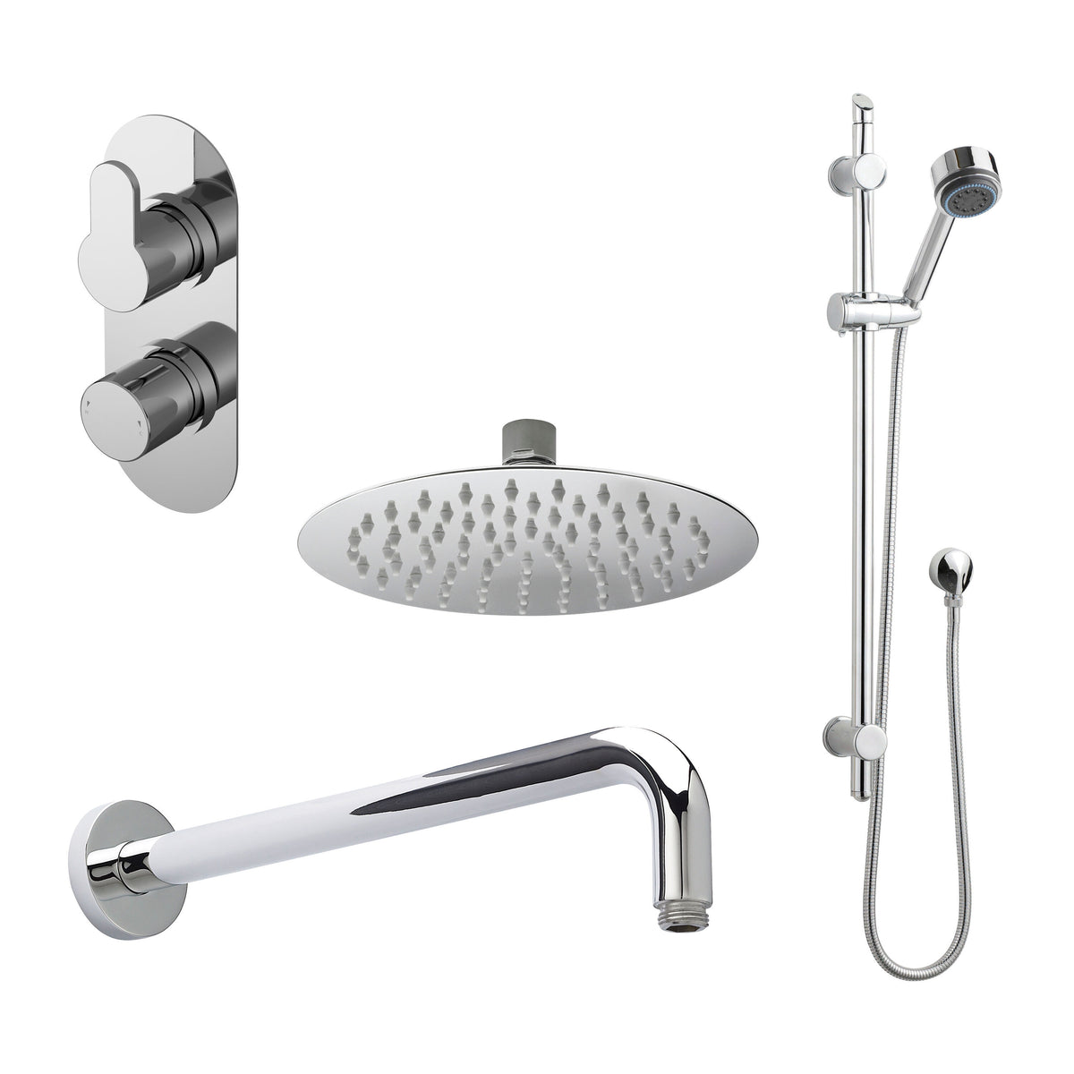 Nuie Arvan Twin Thermostatic Valve With Diverter, Shower Arm, Fixed Shower Head And Slider Rail Kit