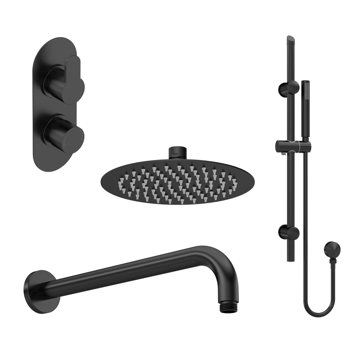 Nuie Arvan Twin Thermostatic Valve With Diverter, Shower Arm, Fixed Shower Head And Slider Rail Kit