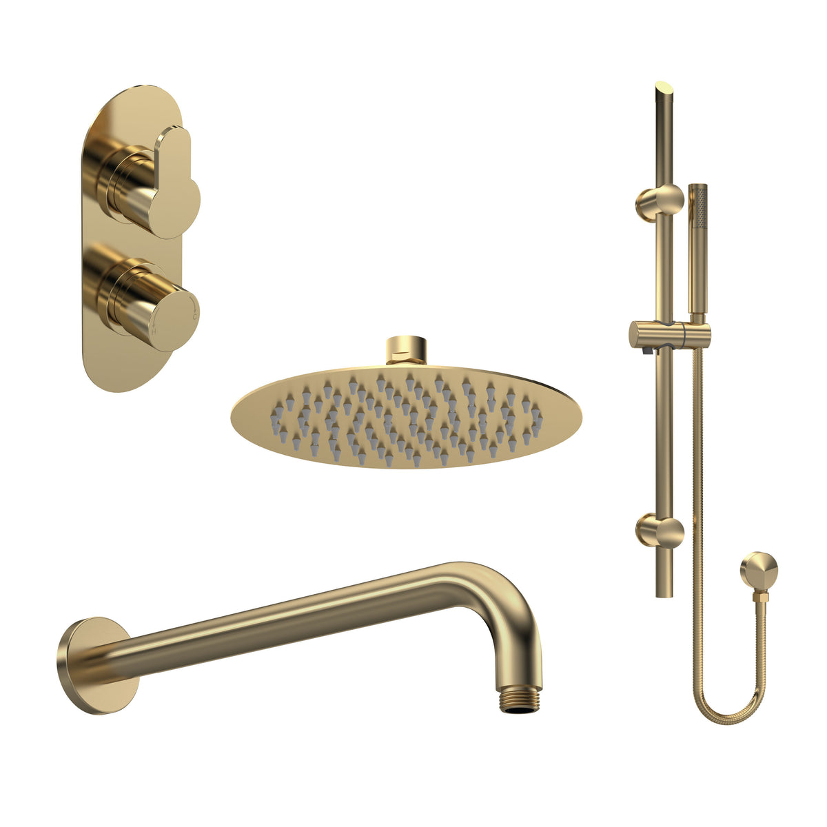 Nuie Arvan Twin Thermostatic Valve With Diverter, Shower Arm, Fixed Shower Head And Slider Rail Kit