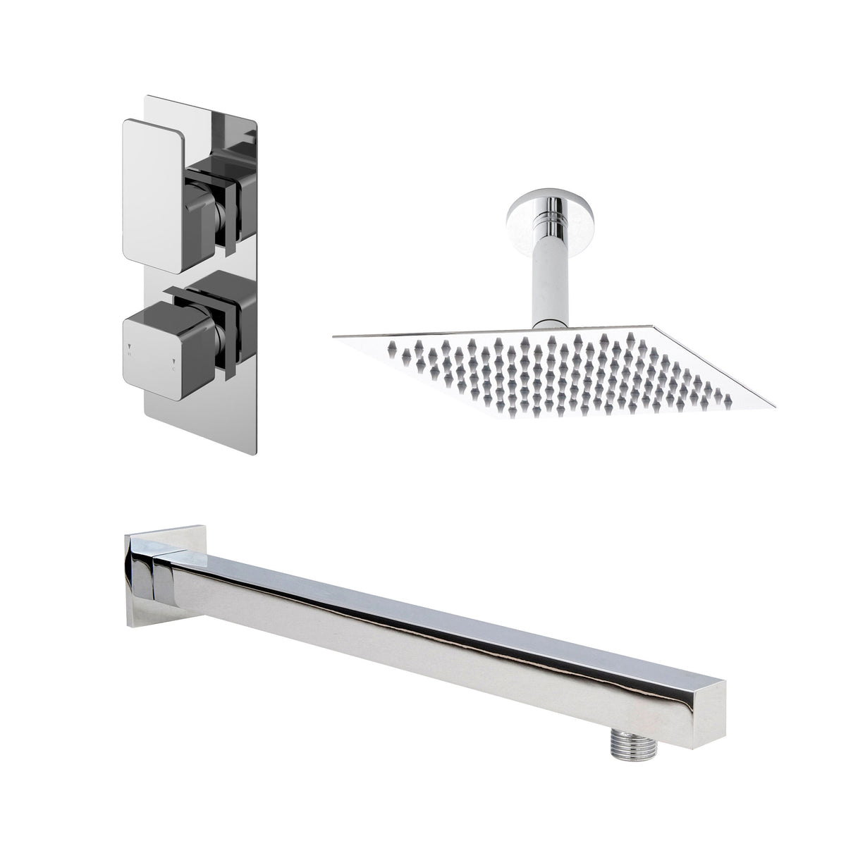 Nuie Windon Twin Thermostatic Valve, Square Wall-Mounted Shower Arm And Fixed Head