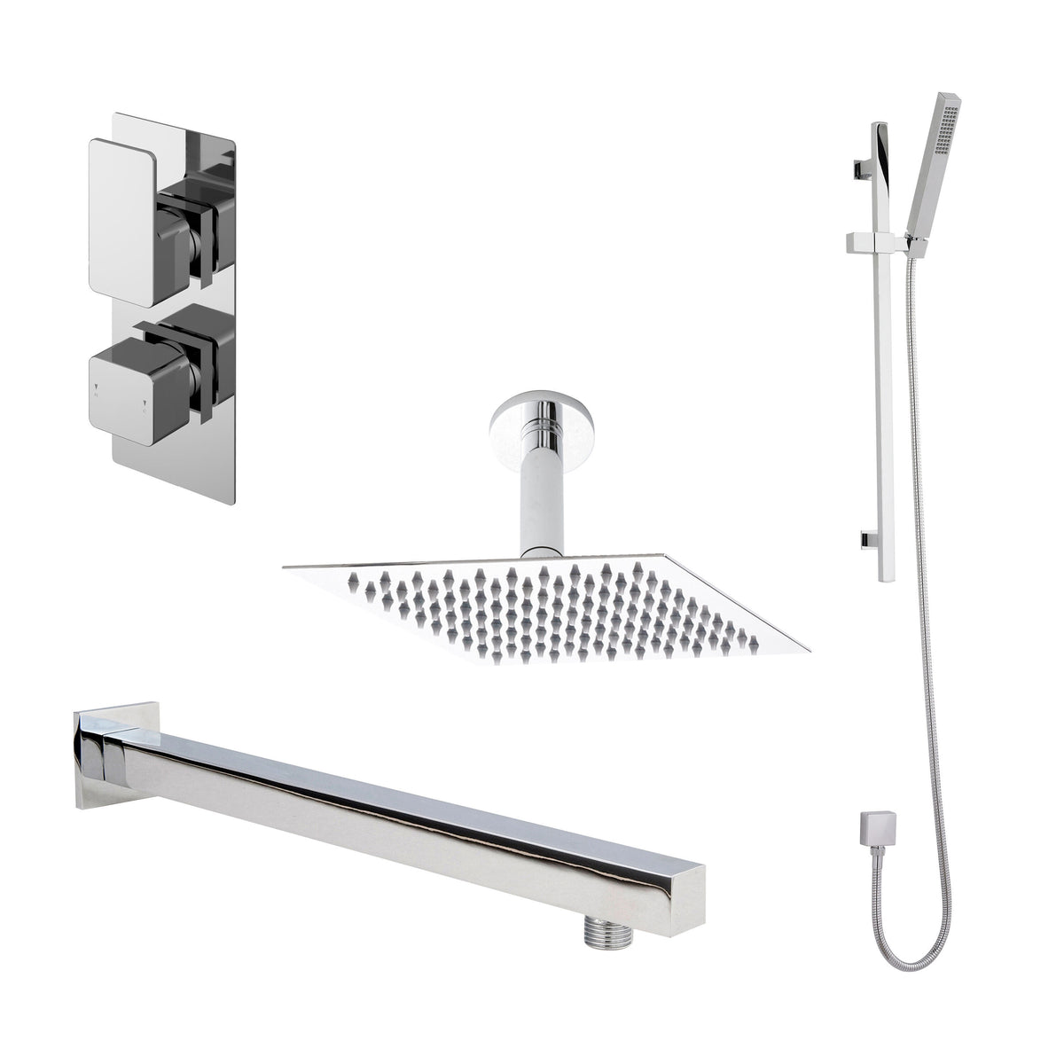 Nuie Windon Twin Thermostatic Valve With Diverter, Shower Arm, Fixed Shower Head And Slider Rail Kit
