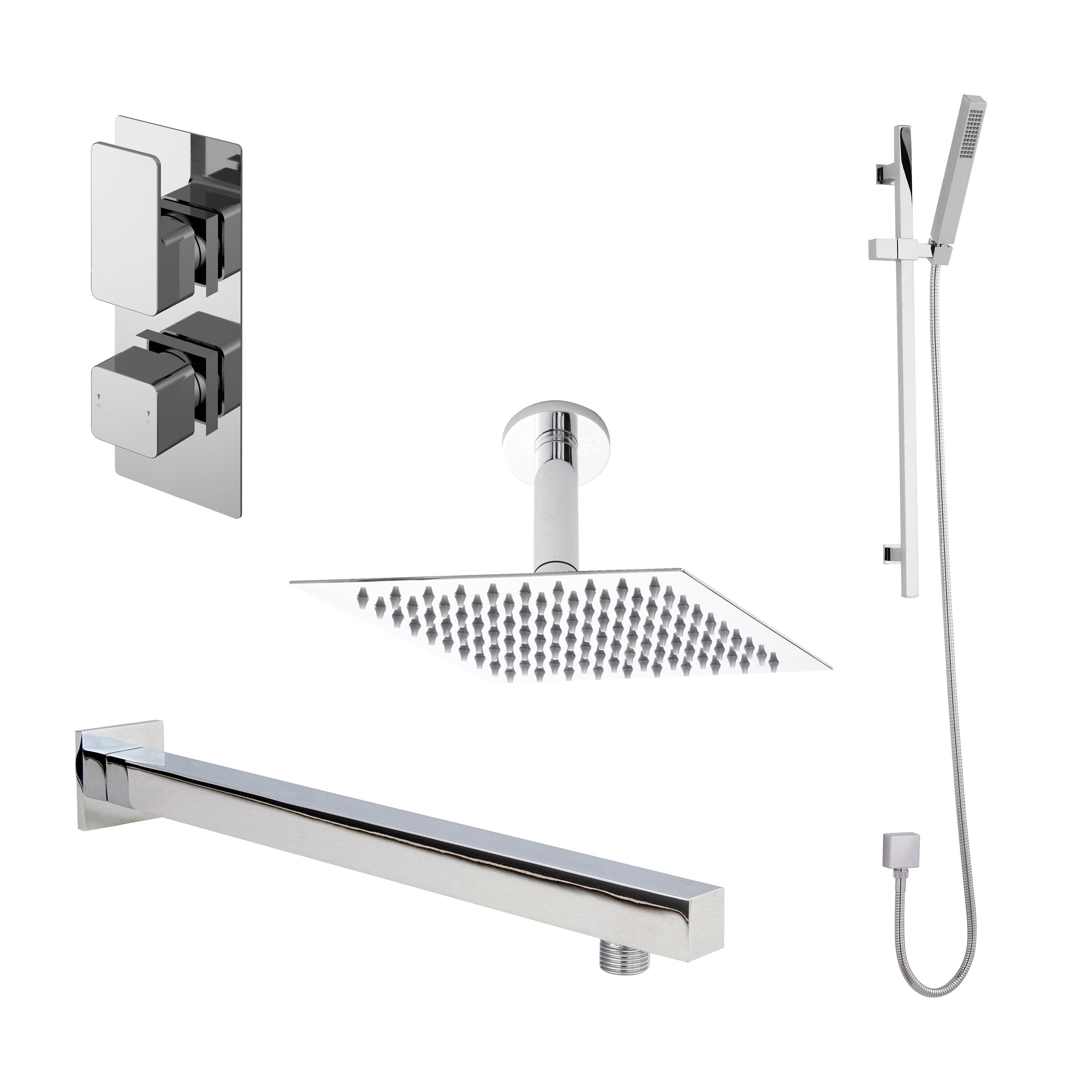 nuie Windon Chrome Twin Thermostatic Valve With Diverter, Shower Arm, Fixed Shower Head And Slider Rail Kit
