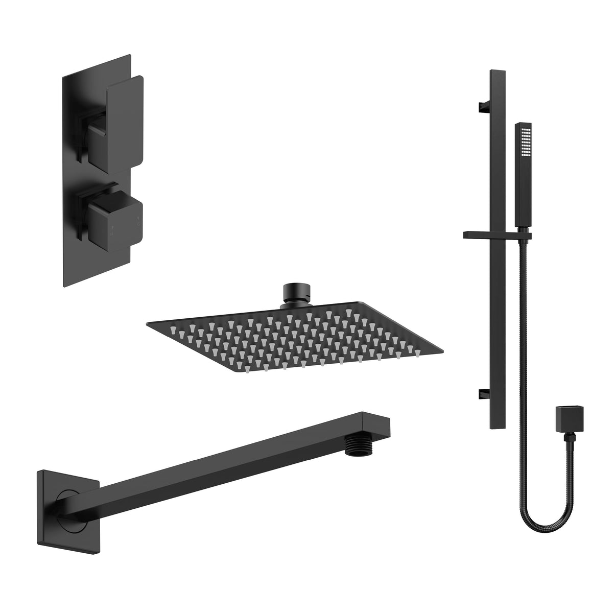 Nuie Windon Twin Thermostatic Valve With Diverter, Shower Arm, Fixed Shower Head And Slider Rail Kit