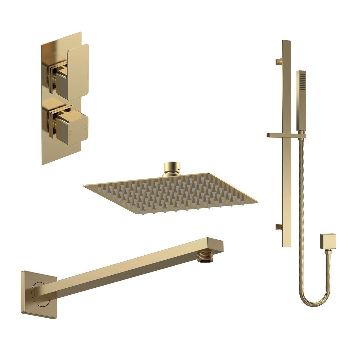 Nuie Windon Twin Thermostatic Valve With Diverter, Shower Arm, Fixed Shower Head And Slider Rail Kit