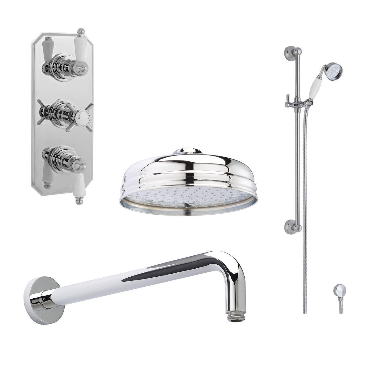 Nuie Traditional Triple Thermostatic Valve, Shower Arm, Fixed Shower Head And Slider Rail Kit