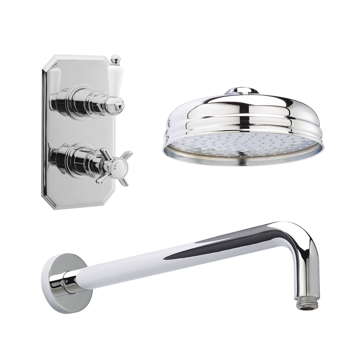 Nuie Traditional Twin Thermostatic Valve, Shower Arm, Fixed Shower Head And Slider Rail Kit
