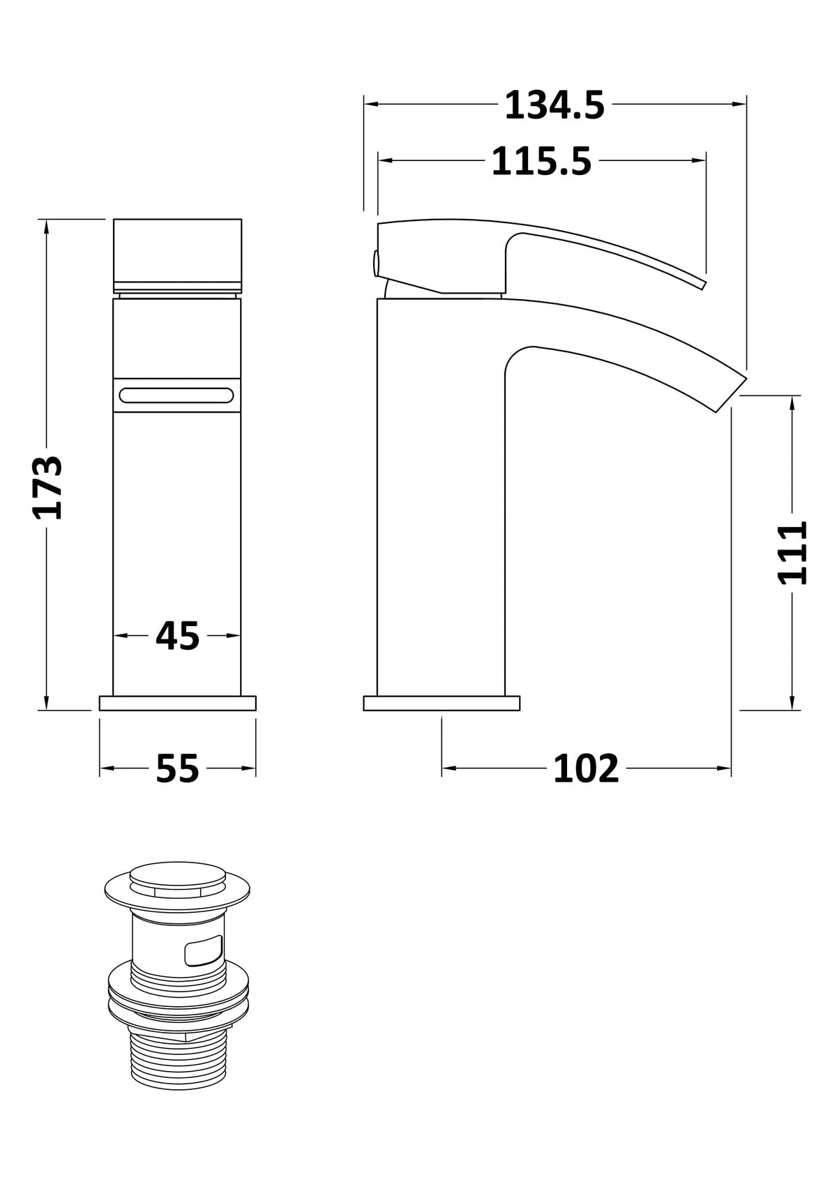 nuie choice Vibe Chrome Mono Basin Mixer With Push Button Waste - Technical drawing