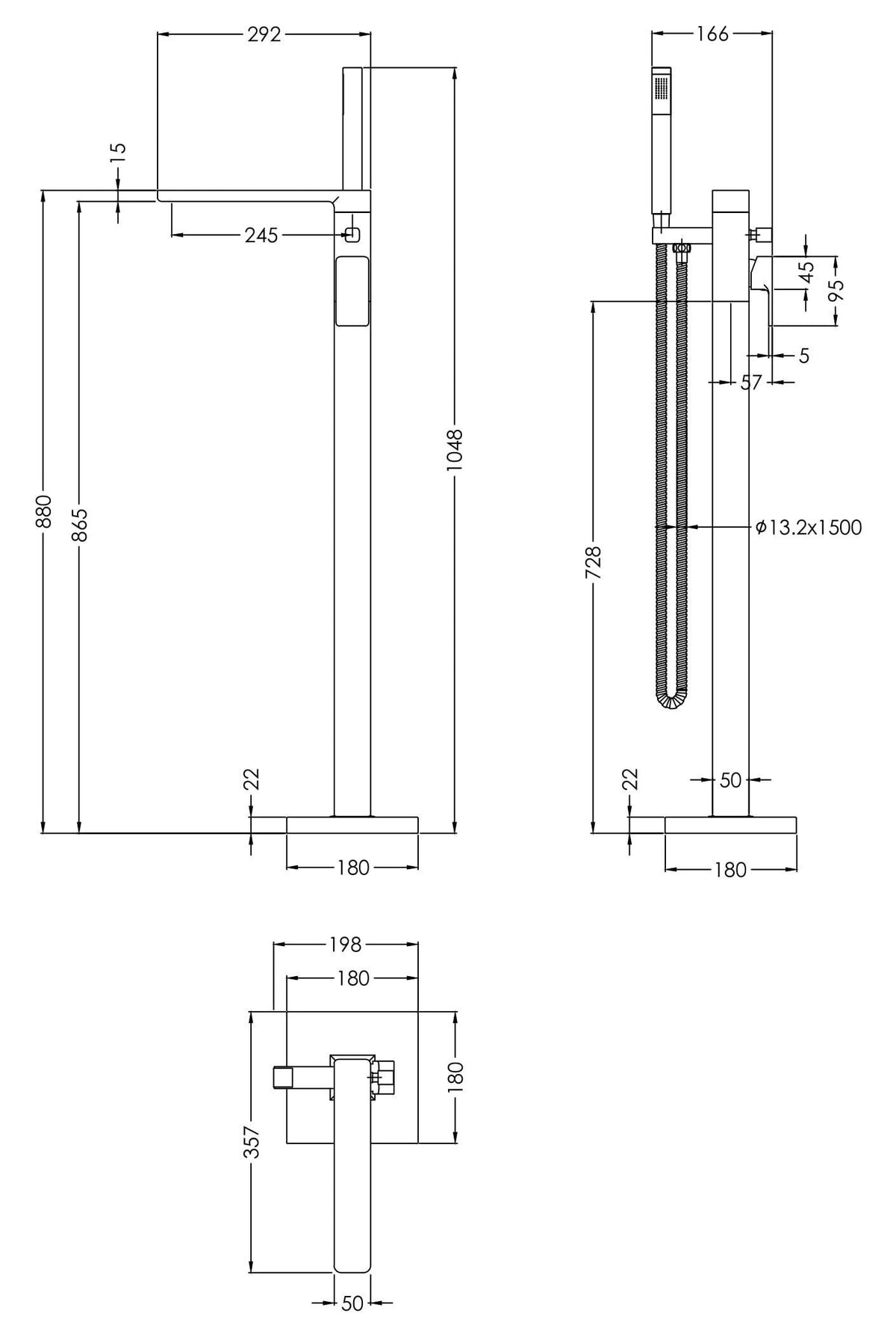 nuie Windon Chrome Free Standing Bath Shower Mixer - Technical drawing