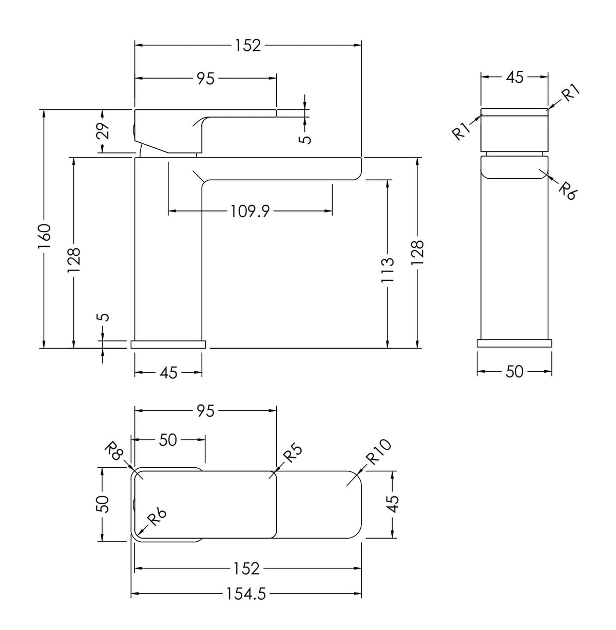 nuie Windon Matt Black Mono Basin Mixer With Push Button Waste - Technical drawing