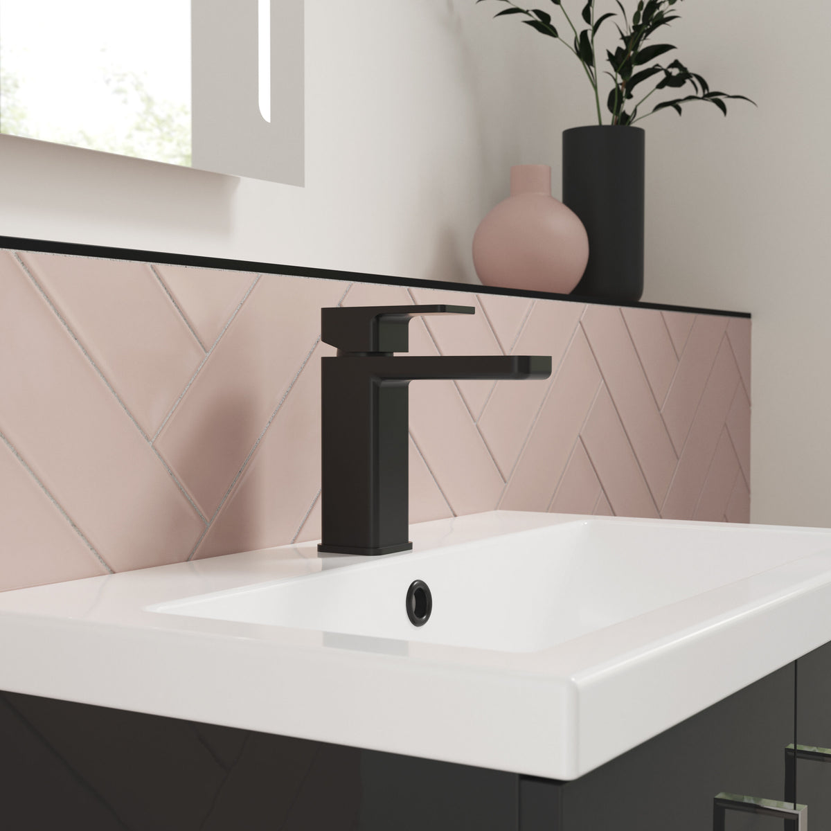 nuie Windon Matt Black Mono Basin Mixer With Push Button Waste - Lifestyle image