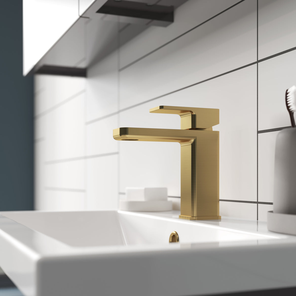 nuie Windon Brushed Brass Mono Basin Mixer With Push Button Waste - Lifestyle image