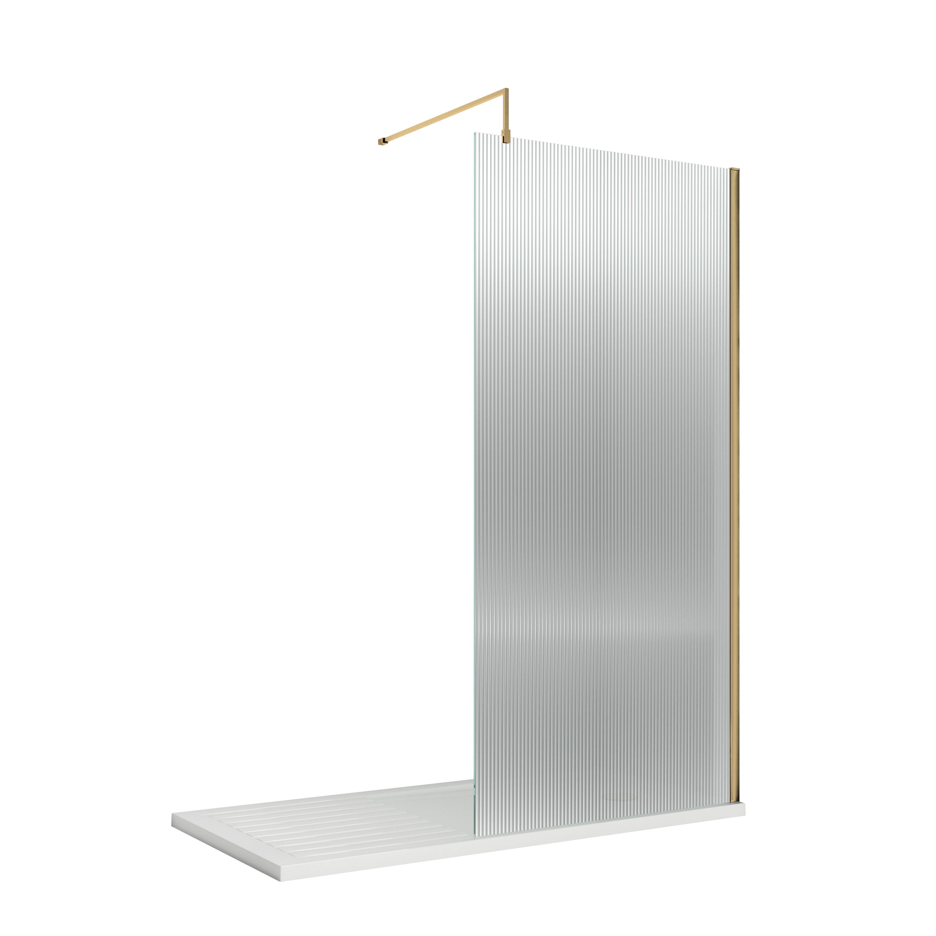 nuie 800mm Brushed Brass Fluted Wetroom Screen With Support Bar