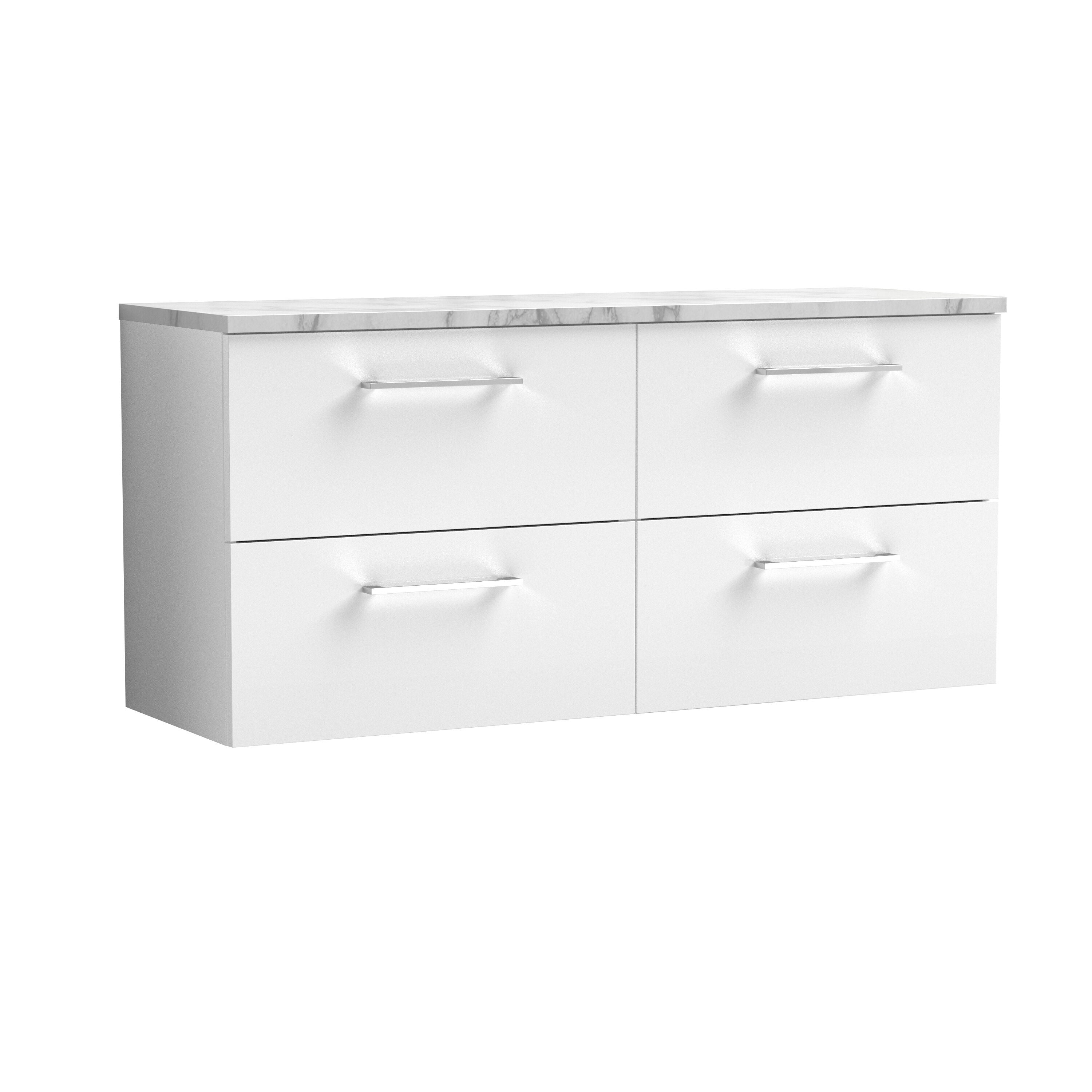 nuie Arno 1200mm Gloss White 4 Drawer Wall Hung Vanity With Carrara Laminate Worktop