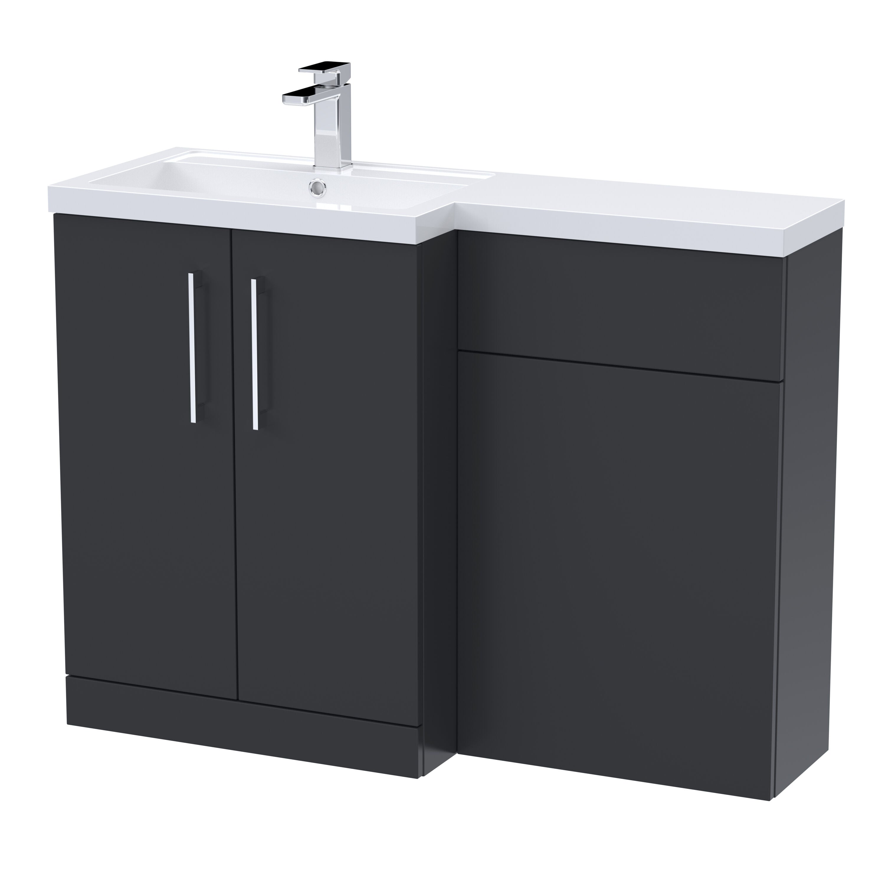nuie Arno 1100mm Soft Black 2 Door Floor Standing Left-Hand Combination Unit With Polymarble Basin