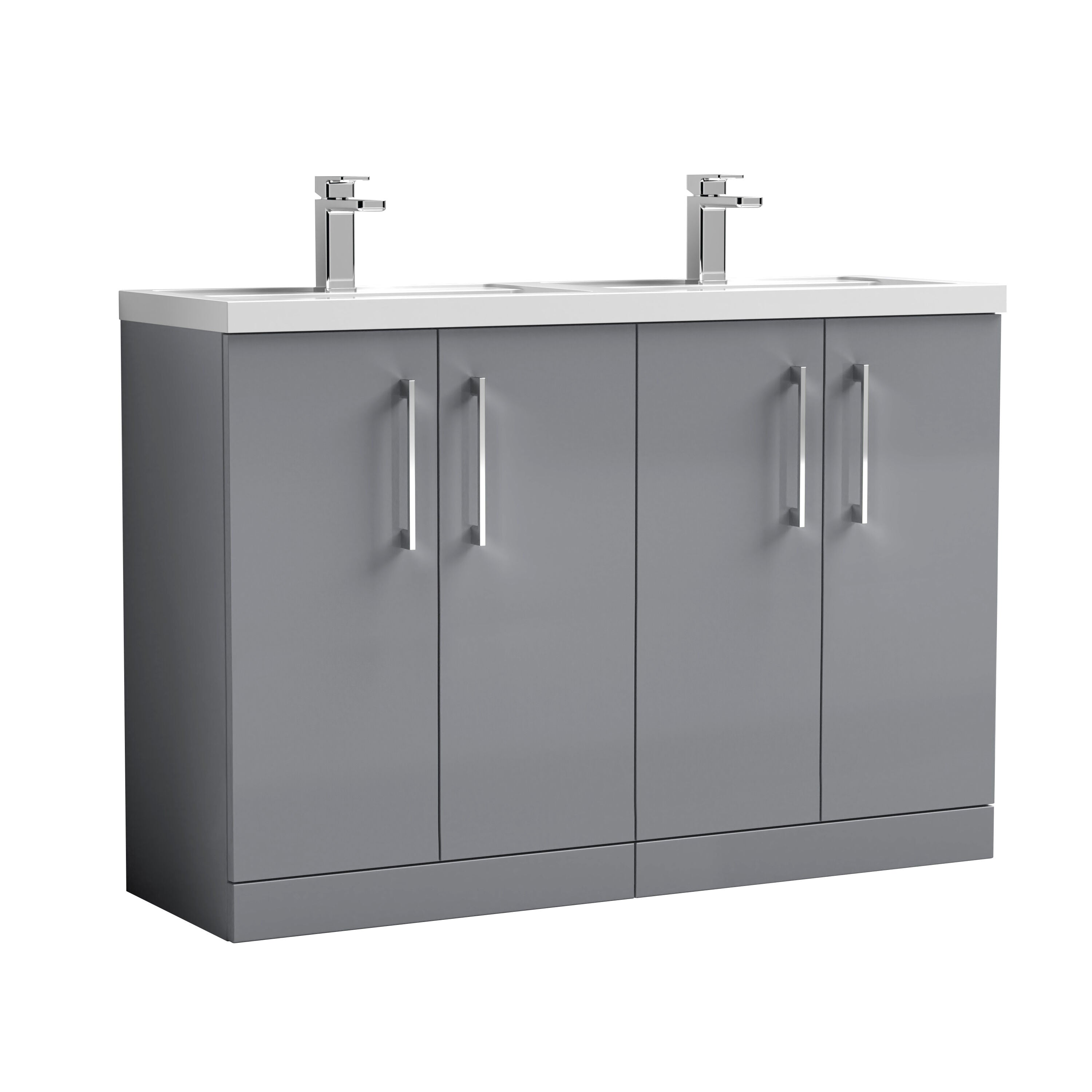 nuie Arno 1200mm Satin Grey 4 Door Floor Standing Vanity Unit With 2 Tap Hole Polymarble basin