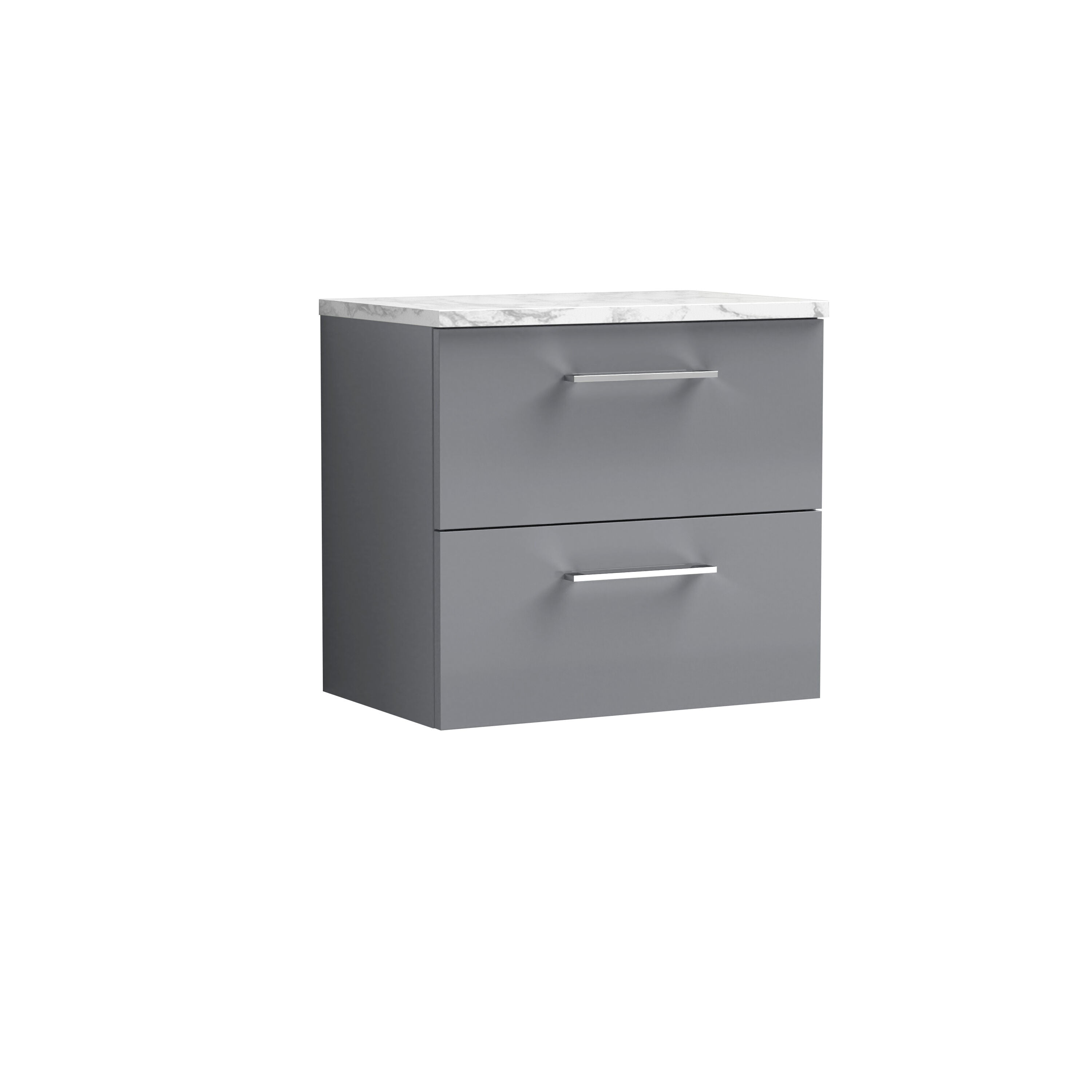 nuie Arno 600mm Satin Grey 2 Drawer Wall Hung Vanity Unit With Carrara Laminate Worktop