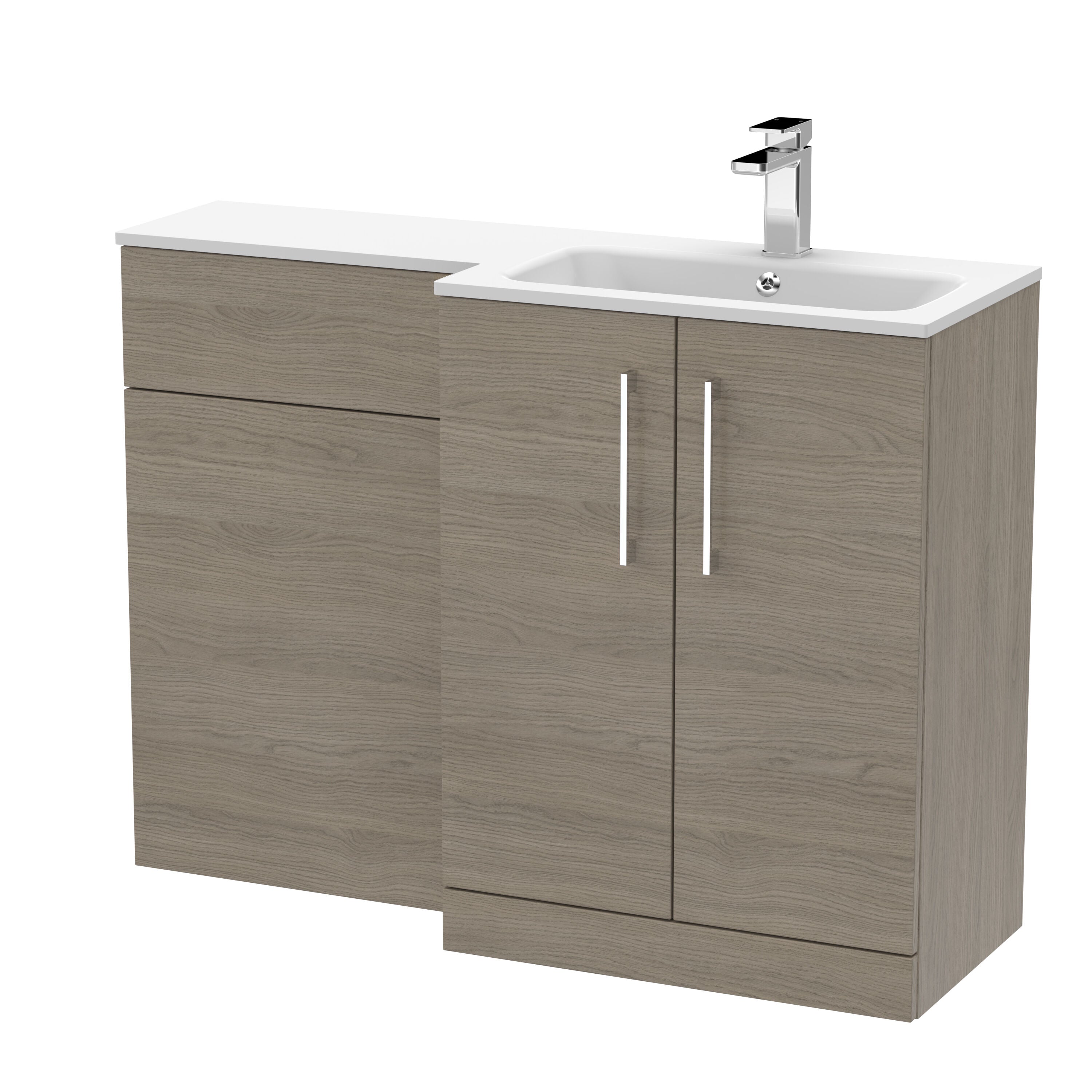 nuie Arno 1100mm Solace Oak 2 Door Floor Standing Right-Hand Combination Unit With Stone Basin