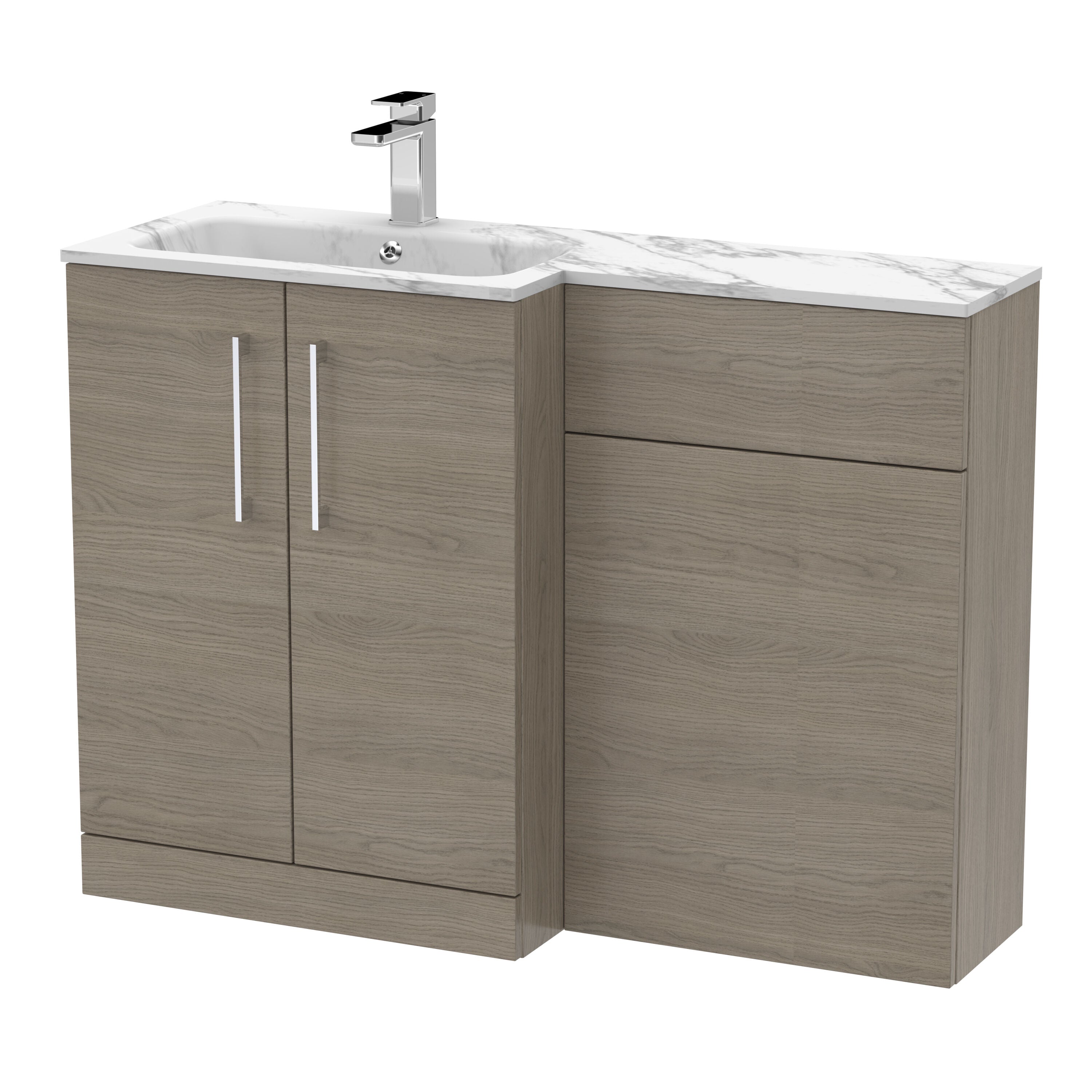 nuie Arno 1100mm Solace Oak 2 Door Floor Standing Left-Hand Combination Unit With Stone Basin