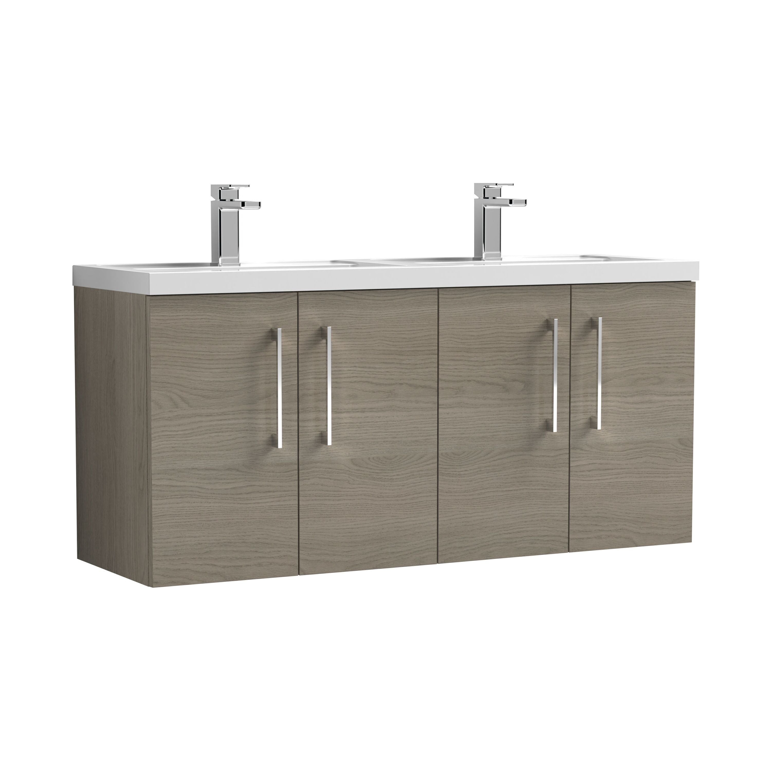 nuie Arno 1200mm Solace Oak 4 Door Wall Hung Vanity Unit With 2 Tap Hole Polymarble basin