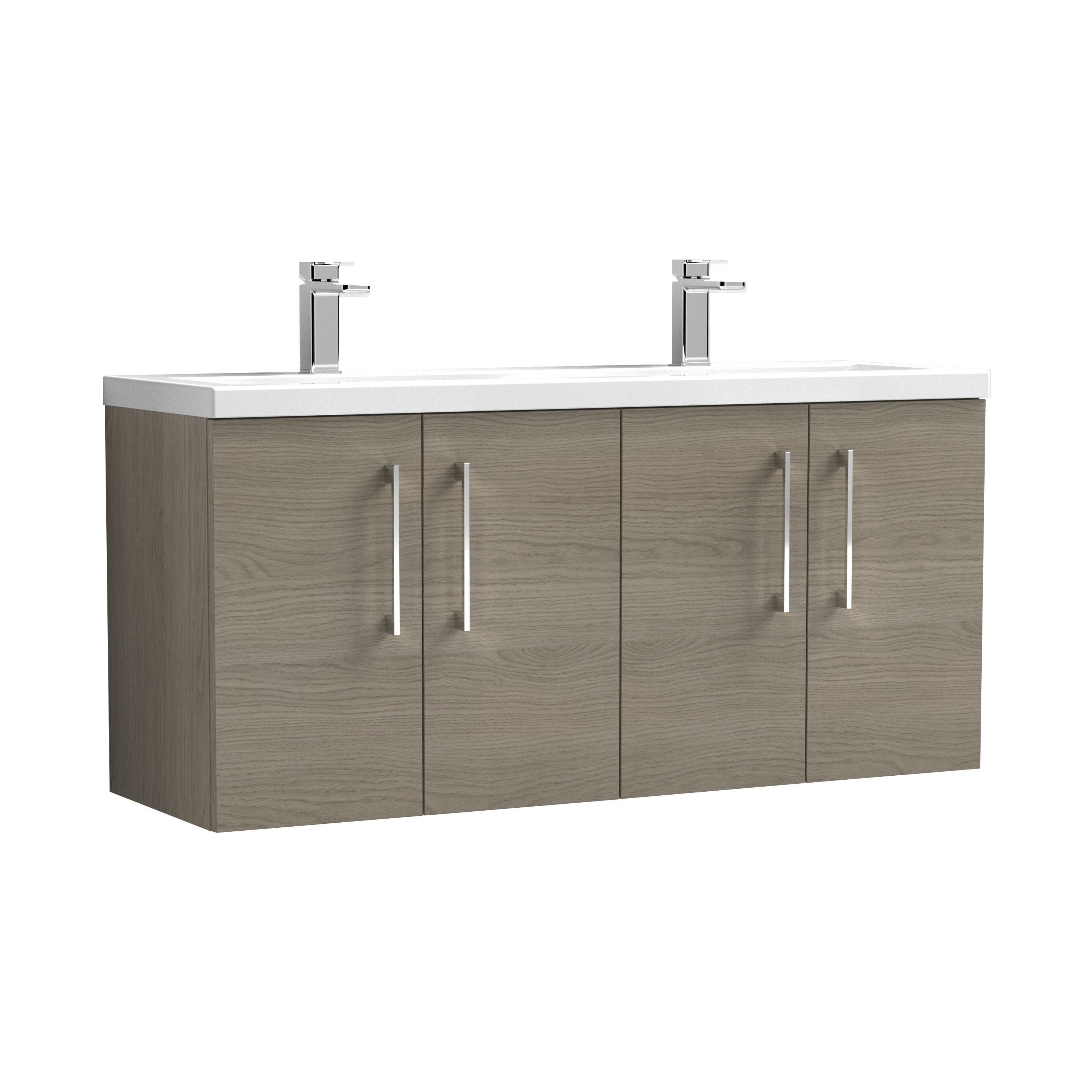 nuie Arno 1200mm Solace Oak 4 Door Wall Hung Vanity Unit With 2 Tap Hole Ceramic Basin