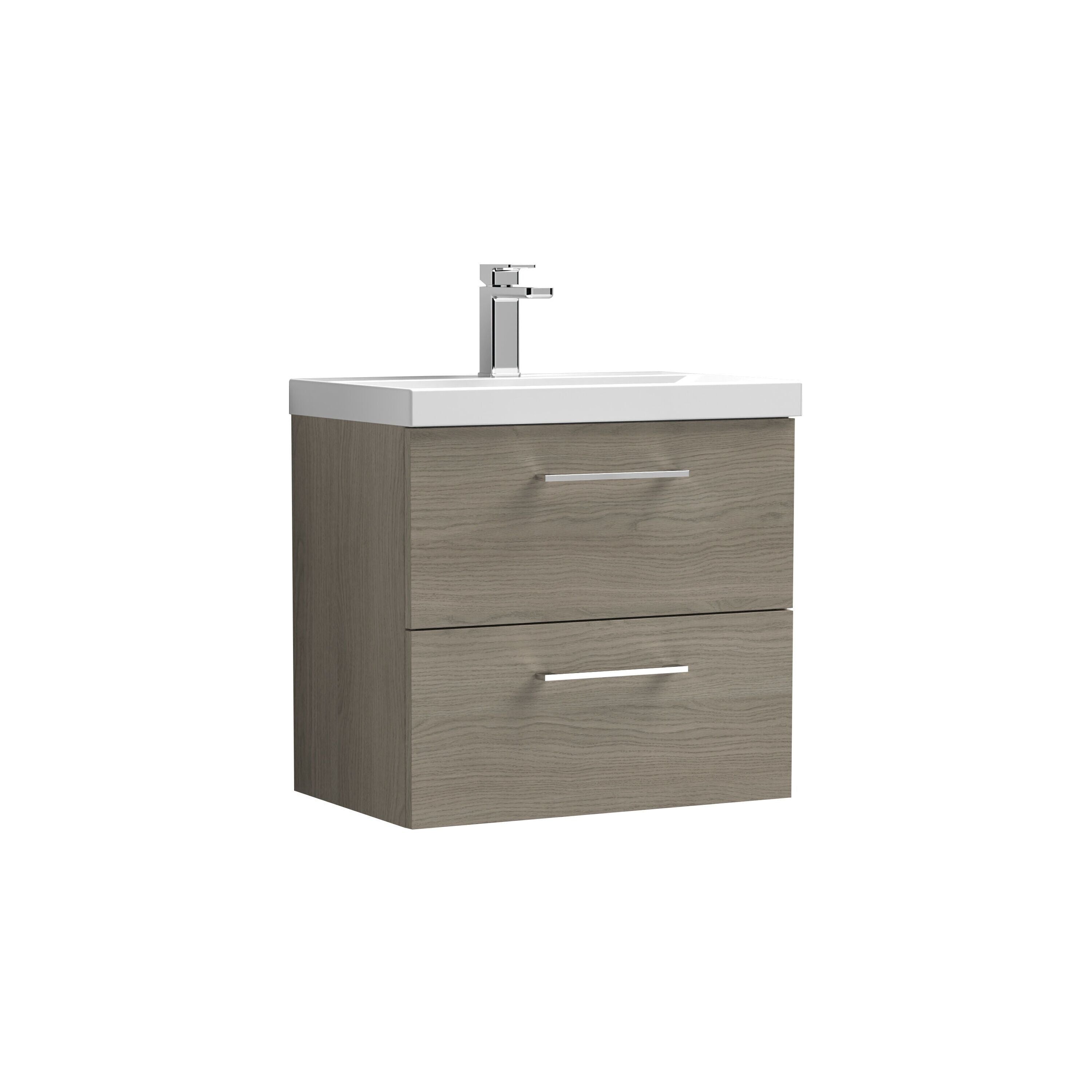 nuie Arno 600mm Solace Oak 2 Drawer Wall Hung Vanity Unit With Thin Edge Basin