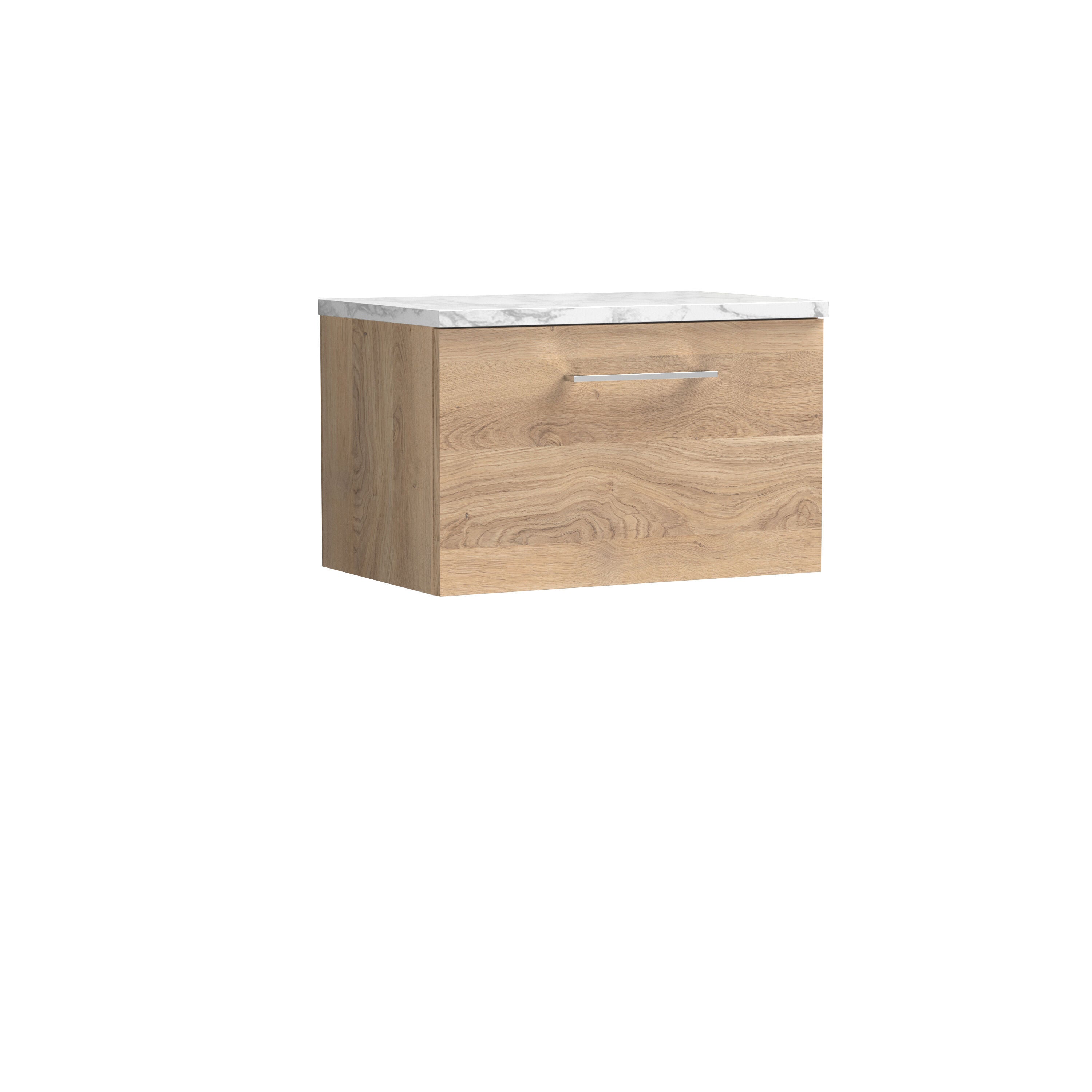 nuie Arno 600mm Bleached Oak 1 Drawer Wall Hung Vanity Unit With Carrara Laminate Worktop