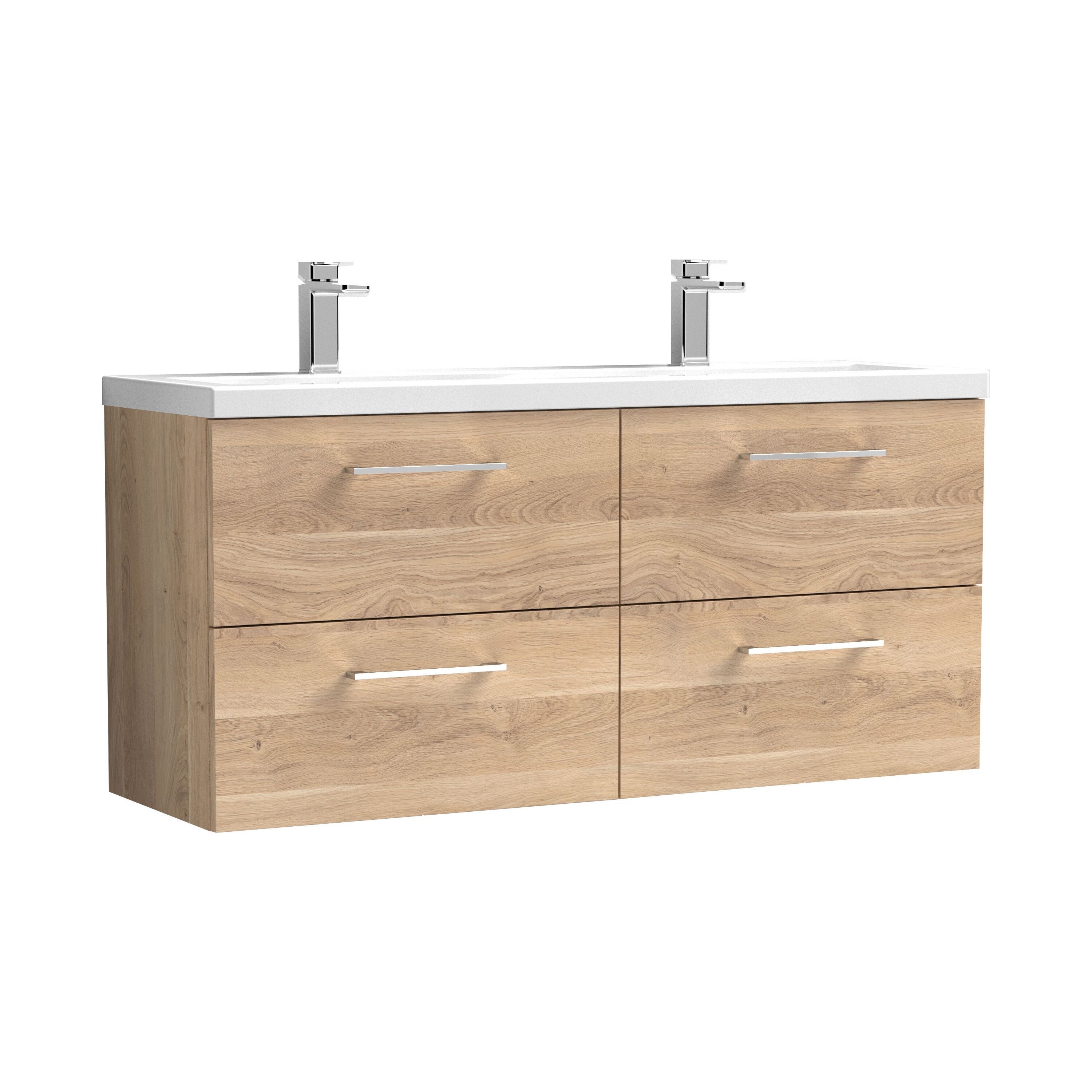 nuie Arno 1200mm Bleached Oak 4 Drawer Wall Hung Vanity Unit With 2 Tap Hole Ceramic Basin