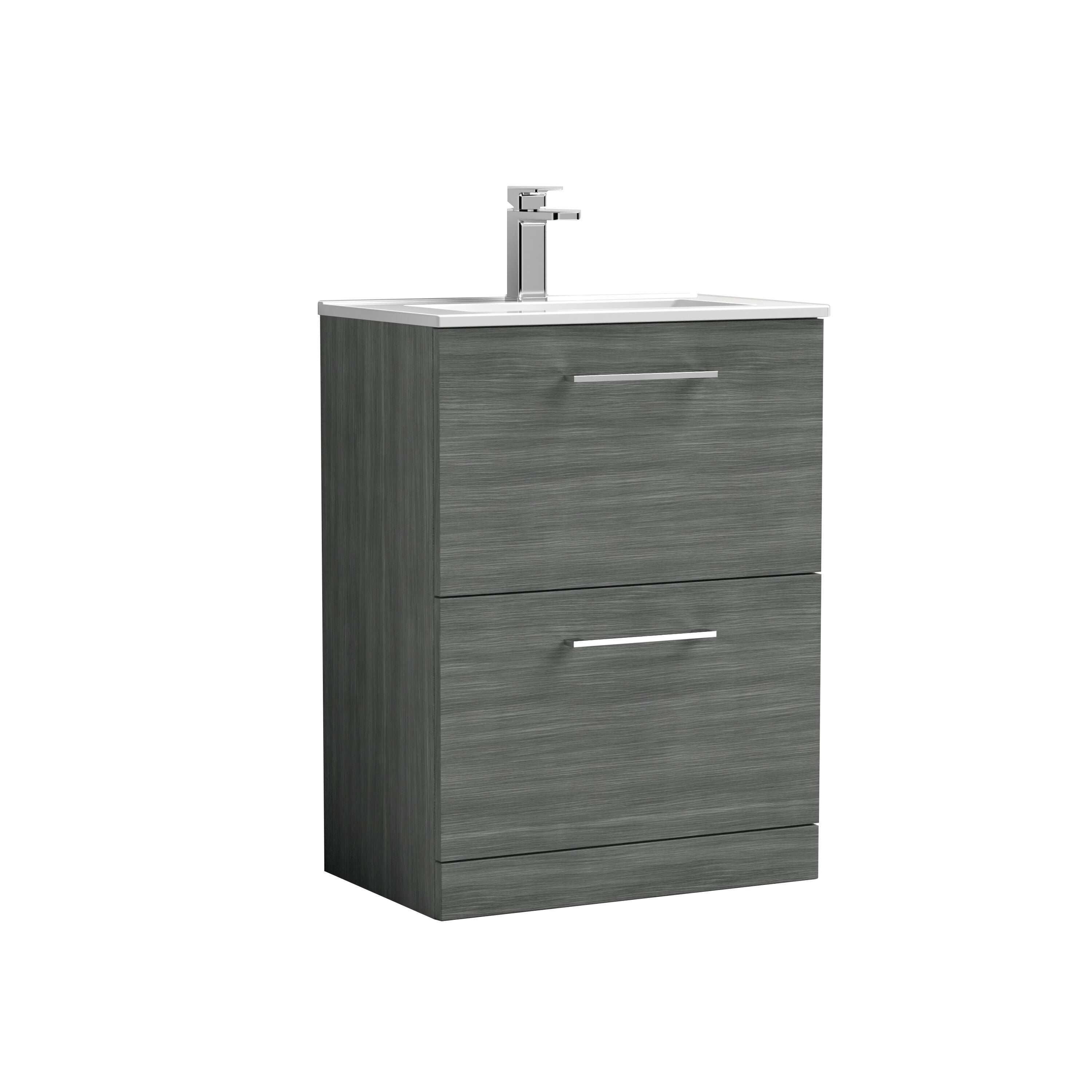 nuie Arno 600mm Anthracite Woodgrain 2 Drawer Floor Standing Vanity Unit With Minimalist Basin